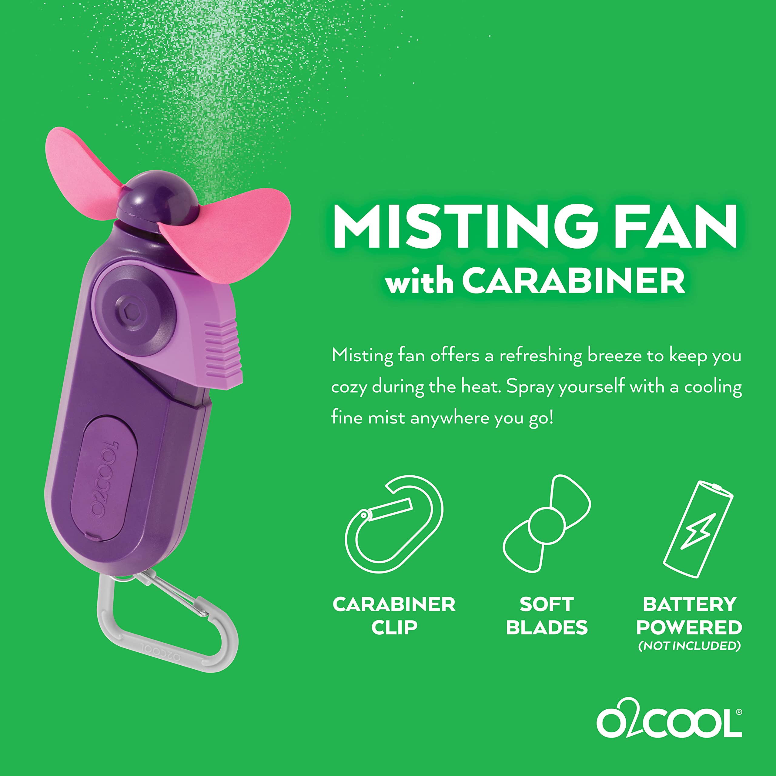 O2COOL 2-Pack Keychain Sport Misting Fan - Portable Battery Powered Handheld Fan with Carabiner Clip & Mister - Compact Cooling Fan for Outdoor Activities, Sports, Travel & Hot Weather (Purple)