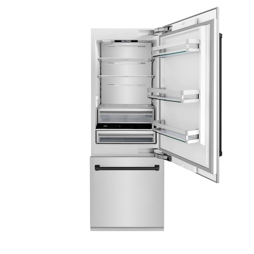 ZLINE Autograph Edition 30 Inch Built-In Bottom Freezer Refrigerator - 16.1 cu ft Stainless Steel with Matte Black Accents | Water Dispenser & Ice Maker | Perfect for Modern Kitchens & Open Concept Homes