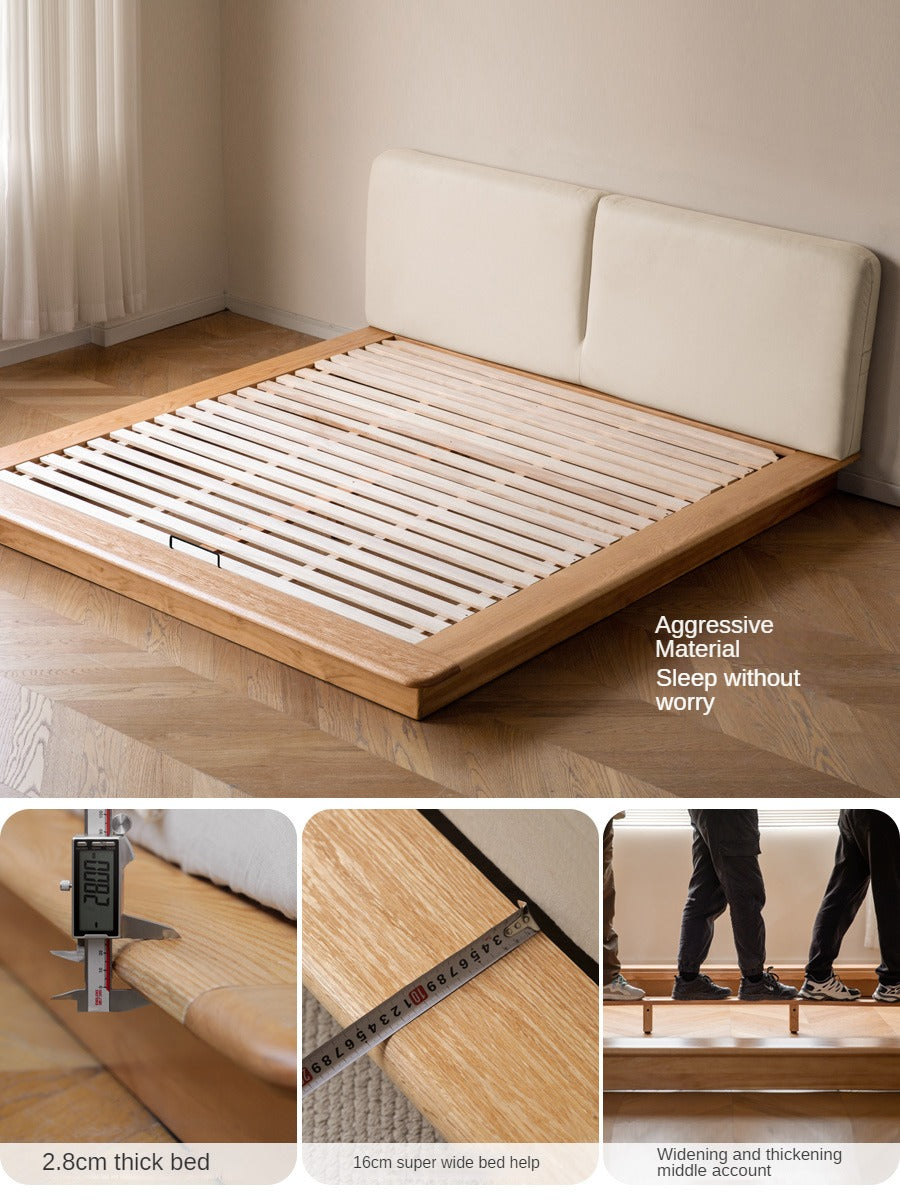 Solid Oak Wood Floating Platform Bed with Soft Fabric Headboard - Modern Technology Bed Frame for Bedroom, Living Room, or Guest Room