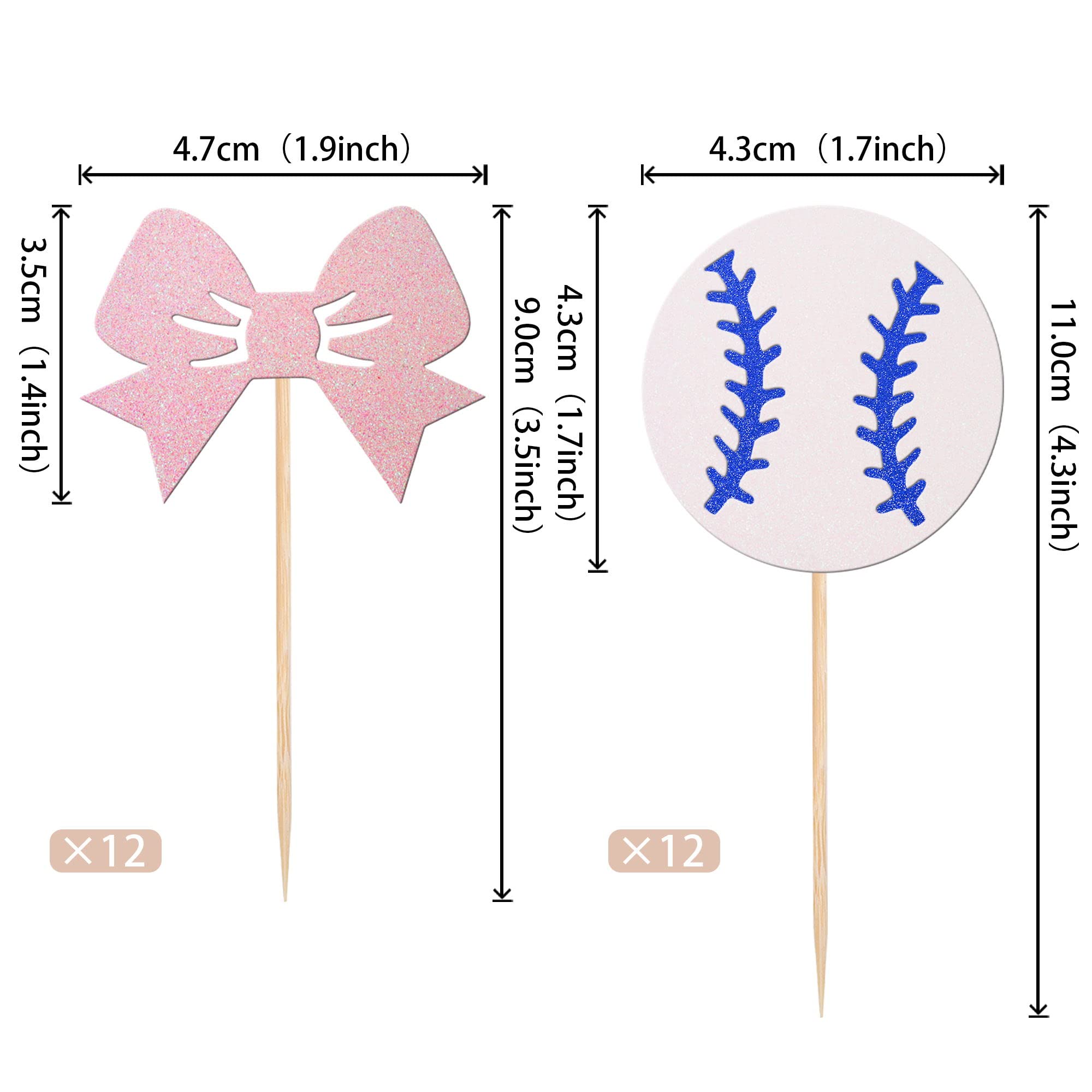 24 PCS Glitter Baseball & Bow Cupcake Toppers - Gender Reveal Party Supplies for Baby Shower, Birthday Cake Decorations (Boy or Girl Theme) - Perfect for Gender Reveal Parties, Baby Showers & Birthday Celebrations