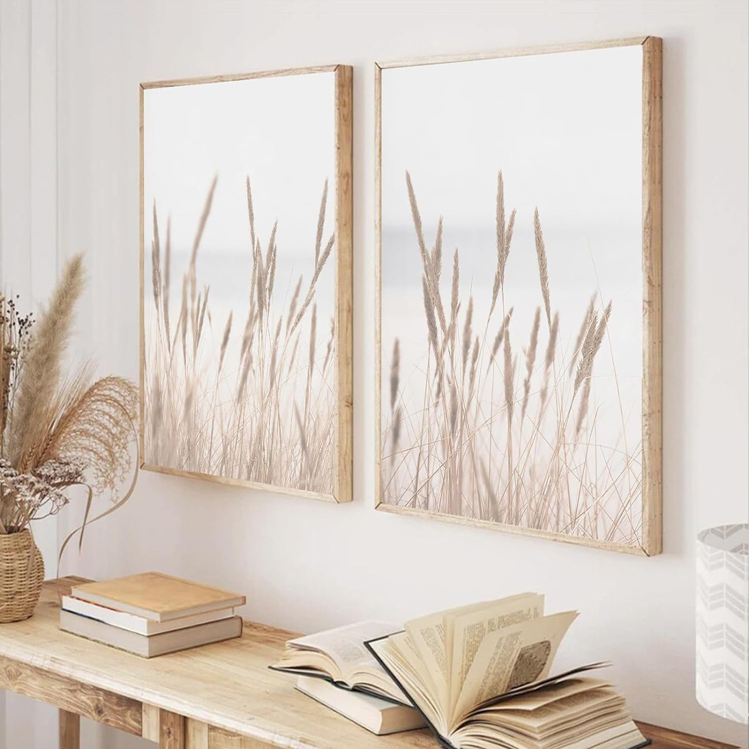 Boho Pampas Grass Canvas Wall Art - Beige Minimalist Dried Pampas Grass Beach Painting - Coastal Home Decor for Living Room, Bedroom & Office - Unframed Modern Wall Decor