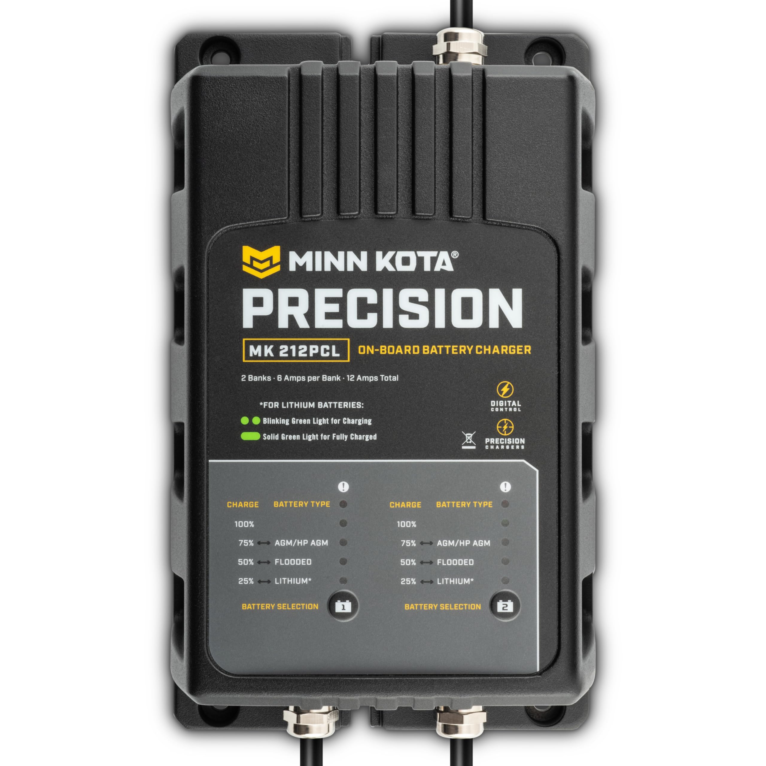Minn Kota Precision Charger MK 212 PCL - 2 Bank 6A Marine Battery Charger for Boats, Trolling Motors & Watercraft | Fast Charging & Waterproof Design