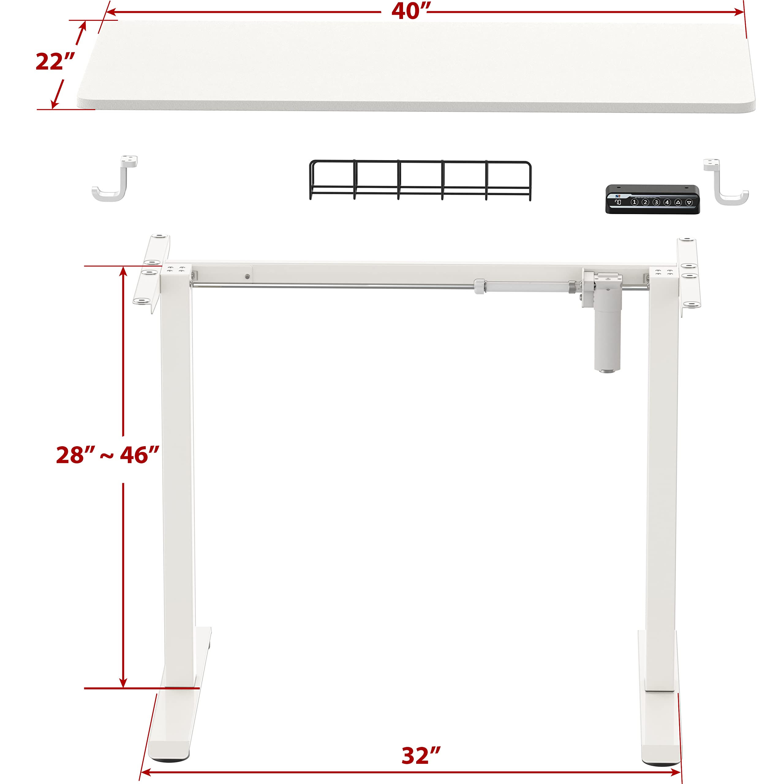40 x 22 Inches Electric Height Adjustable Standing Desk - White Frame & Top with Hanging Hooks & Cable Management | Perfect for Home Office, Gaming & Workspace Ergonomics