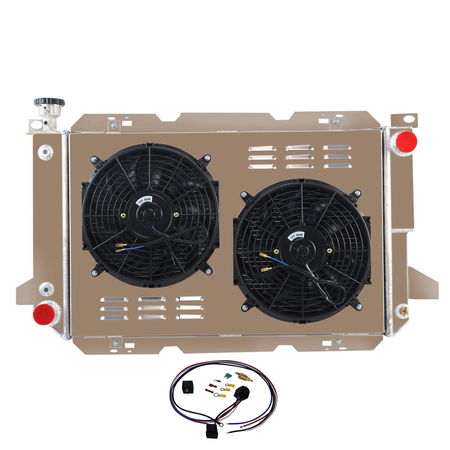 ECMRAD 3-Row Aluminum Radiator for Ford F150 F250 F350 1985-1997 with Shroud Fans & Relay Wire Kit - Fits 5.0L 5.8L 7.5L V8 Engines - Heavy Duty Cooling Solution for Towing & Off-Road Use