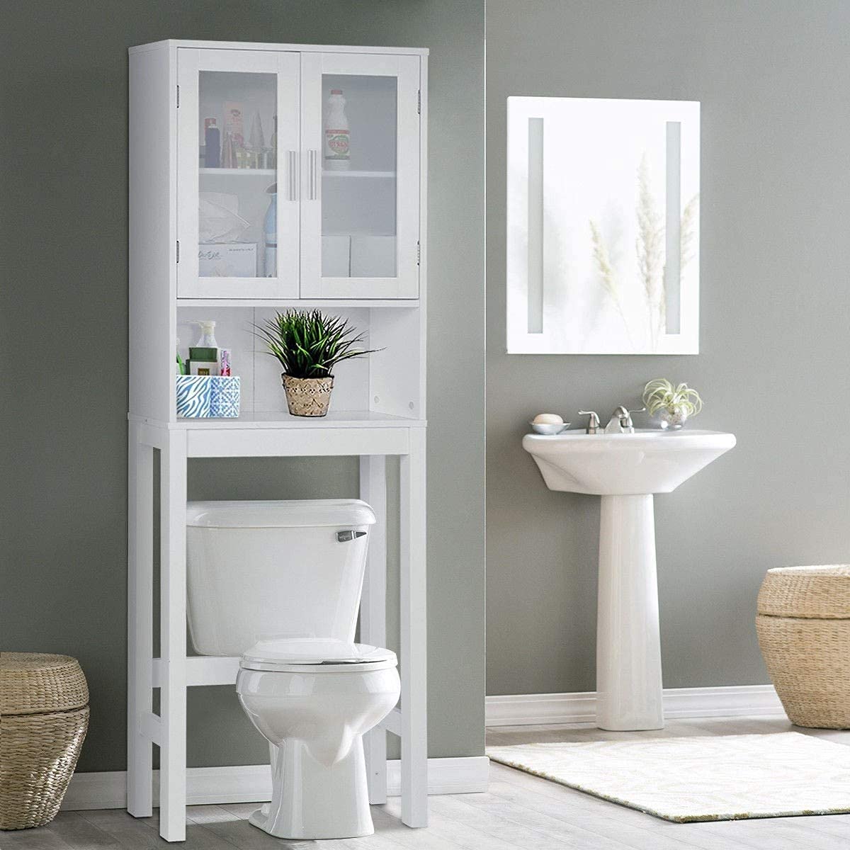 Wooden Over The Toilet Storage Cabinet - Double Door Bathroom Organizer with Adjustable Shelf, Freestanding Space Saver for Bath Essentials - Perfect for Small Bathrooms, Apartments & Powder Rooms