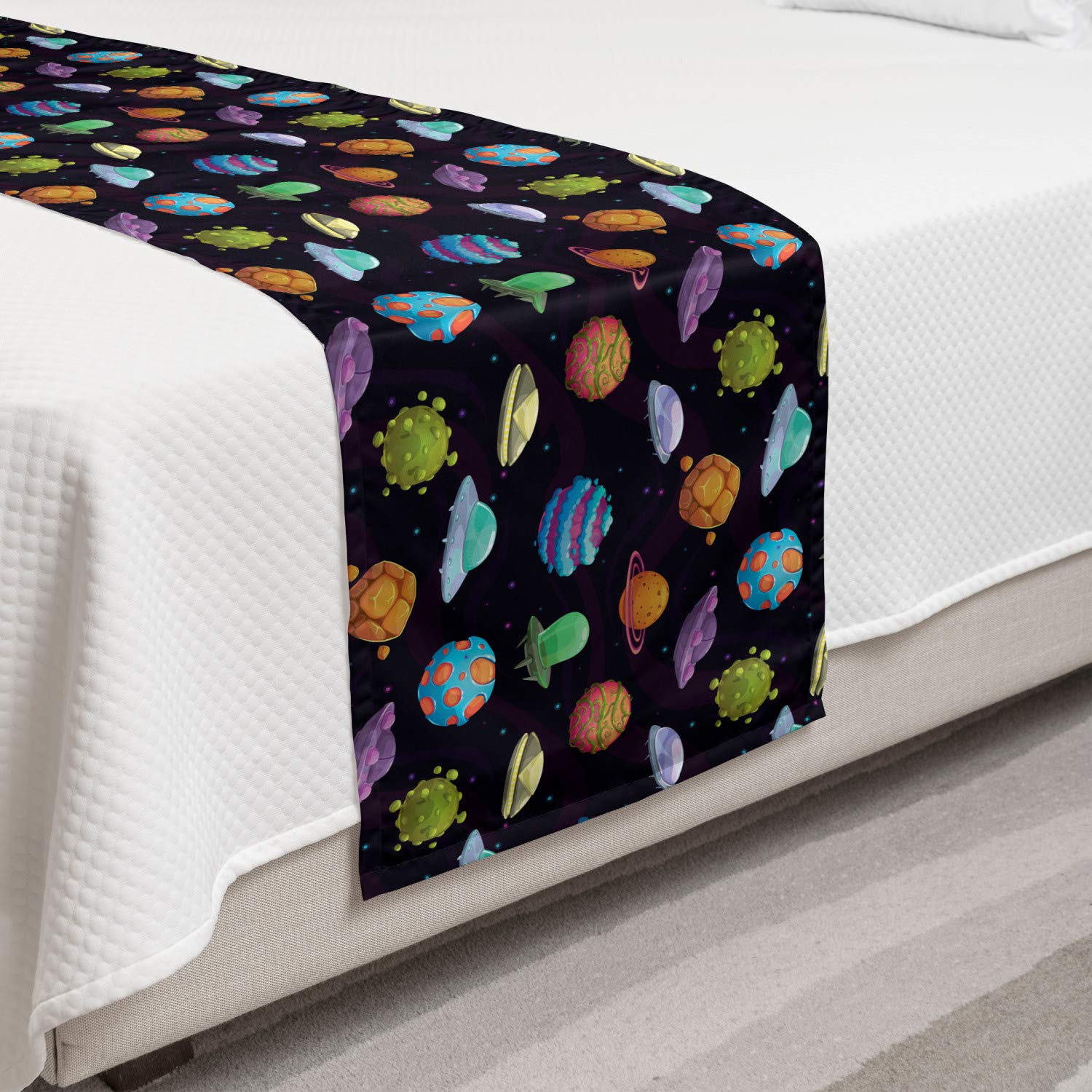 Ambesonne Space Themed Bed Runner with UFOs, Planets & Alien Landscapes - Sci-Fi Decor Bed Scarf for Home, Hotel & Guest Room - Multicolor | Perfect for Space Enthusiasts & Sci-Fi Lovers' Bedrooms