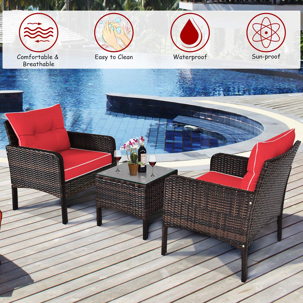 Tangkula 3-Piece Outdoor Patio Furniture Set - All-Weather Wicker Chairs with Glass Coffee Table & Thick Cushions - Red 2-Seater Garden, Poolside, Backyard, Porch Furniture for Relaxing & Entertaining