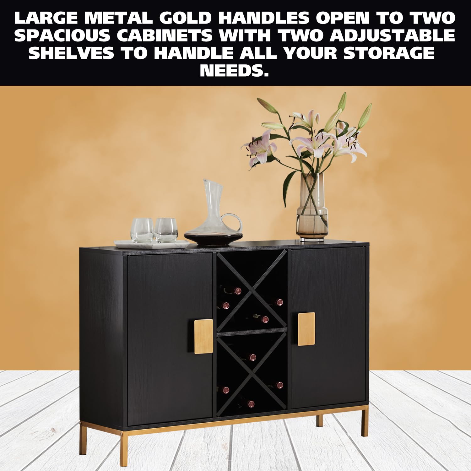 Kings Brand Furniture - Black Wine Liquor Bar Buffet Sideboard Cabinet with Wine Rack Storage for Kitchen & Dining Room | Perfect for Home Bar, Entertaining & Dining Room Organization