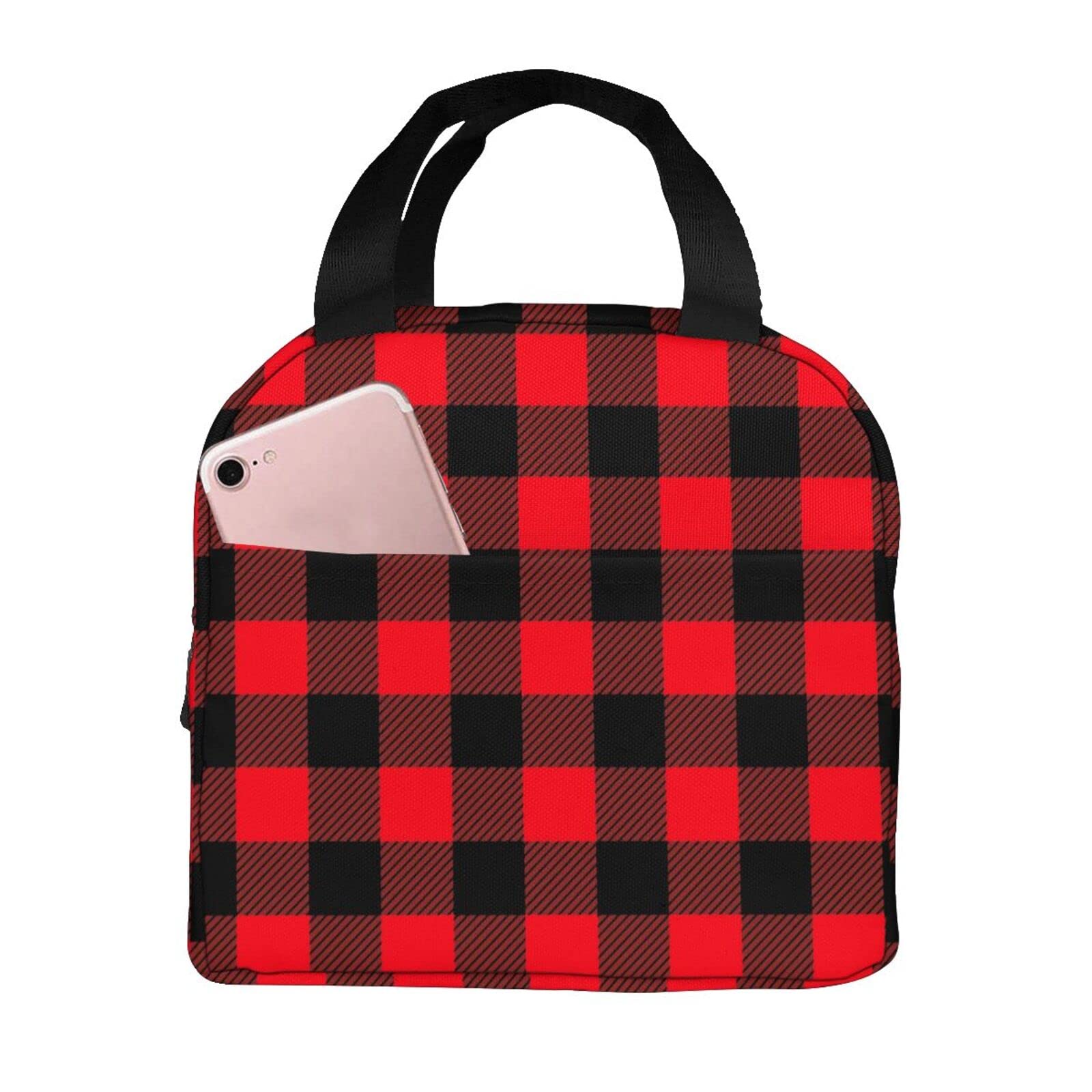 QINWEILU Insulated Lunch Bag - Red Buffalo Plaid Reusable Lunch Box with Front Pocket, Water-Resistant Thermal Tote for Men & Women - Perfect for Work, School, Picnics, Travel, and Outdoor Activities