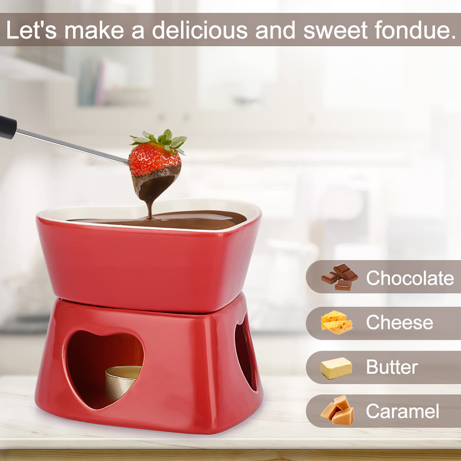 Red Ceramic Butter Warmer Set - Heart Shaped Fondue Pot for Melting Cheese, Chocolate, Butter & Caramel - Includes 4 Forks - Perfect for Romantic Dinners, Parties & Family Gatherings