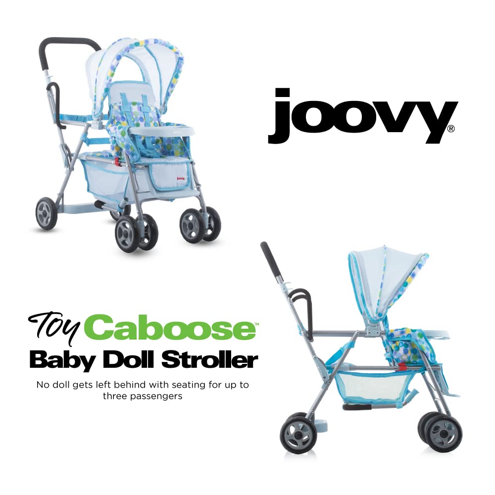 Joovy Toy Caboose Baby Doll Stroller - Reclining Front Seat, Adjustable Footrest, Storage Basket & Extendable Canopy | Holds 3 Dolls | Blue Dot | Perfect for Pretend Play, Daycare & Indoor/Outdoor Playtime