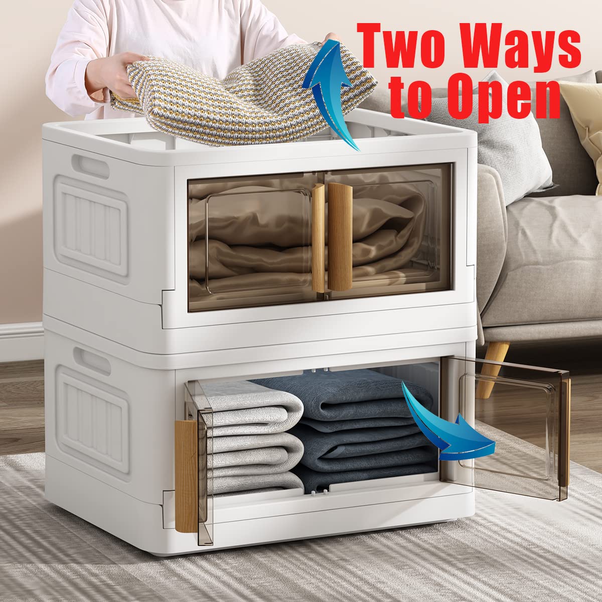 78 Quart Plastic Storage Bins with Lids - 5 Pack Stackable Collapsible Organizer Bins with Wheels & Dual Open Design - White Closet Storage Containers for Home, Office, Garage & Closet Organization