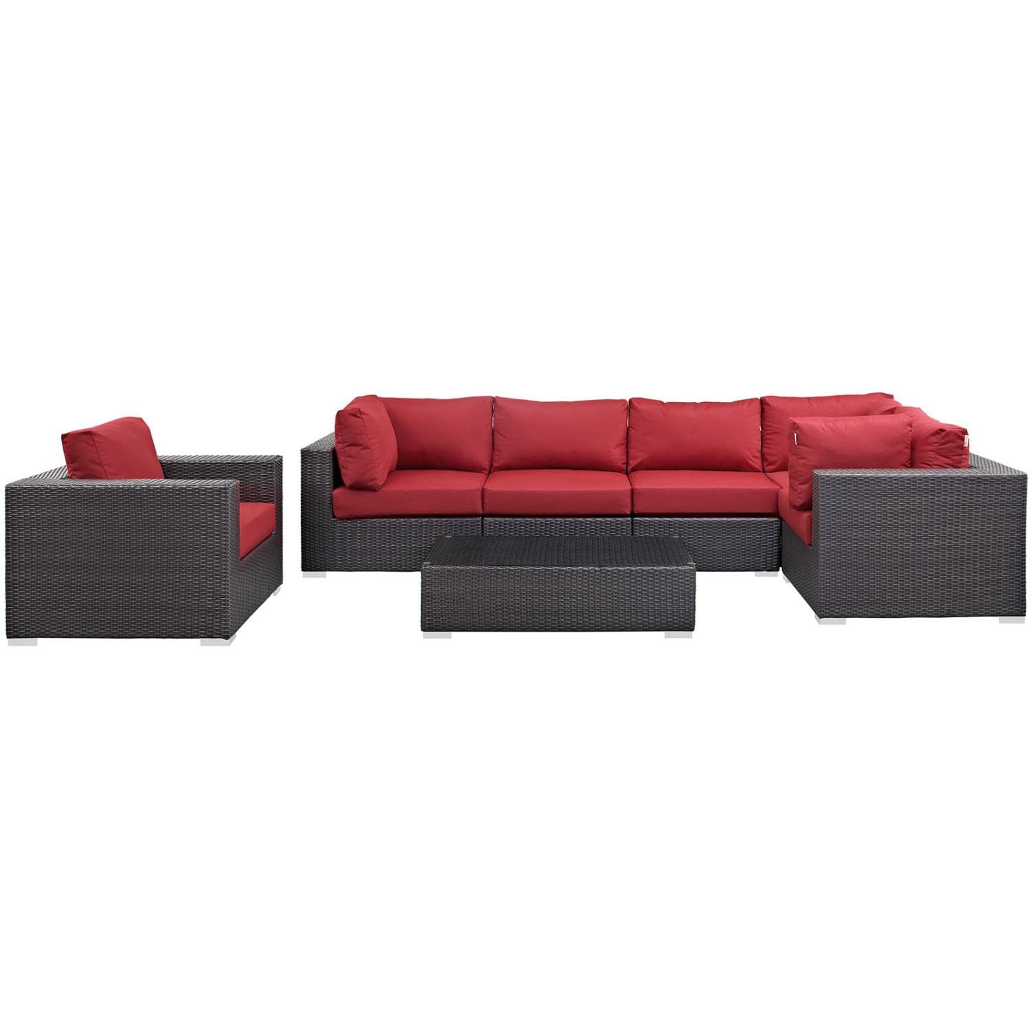 Modway Convene 7-Piece Wicker Rattan Outdoor Patio Sectional Sofa Set - Espresso Red - Durable Weather-Resistant Furniture for Backyard, Garden & Poolside Relaxation