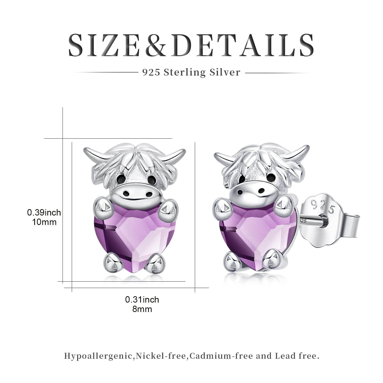 925 Sterling Silver Highland Cow Stud Earrings with Birthstone & Crystal - Cute Scottish Cow Jewelry for Women, Girls, Daughters | Perfect Birthday Gift, Christmas Present & Everyday Fashion Accessory