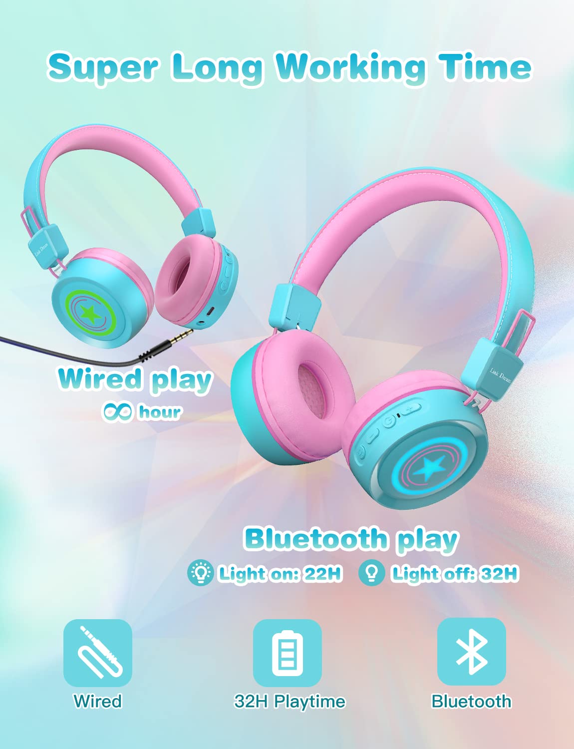 Link Dream Kids Wireless Headphones V5.0 - Bluetooth Headphones for Children with Microphone, 32H Playtime, Soft Padded Ear Cushions, Stereo Sound & Volume Control - Compatible with iPad, Tablet, Cellphones - Perfect for School, Travel, Online Learning (Green/Light)
