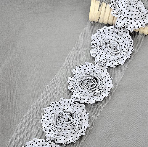 14-Piece White & Black Polka Dot Shabby Rose Chiffon Trim - 1 Yard Floral Lace for Headbands, DIY Crafts & Vintage Decor | Perfect for Hair Accessories, Sewing Projects & Home Décor