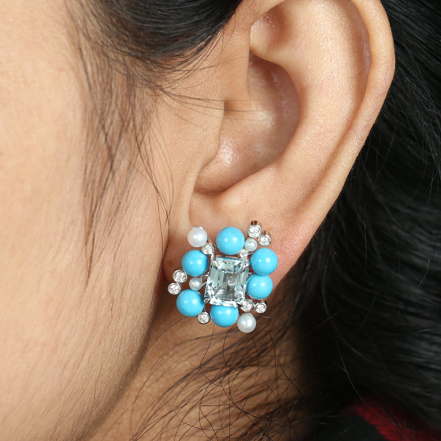 Baguette Aquamarine & Round Turquoise Pearl Bezel Diamond Stud Earrings in 14K White Gold – Perfect for Weddings, Parties & Special Occasions