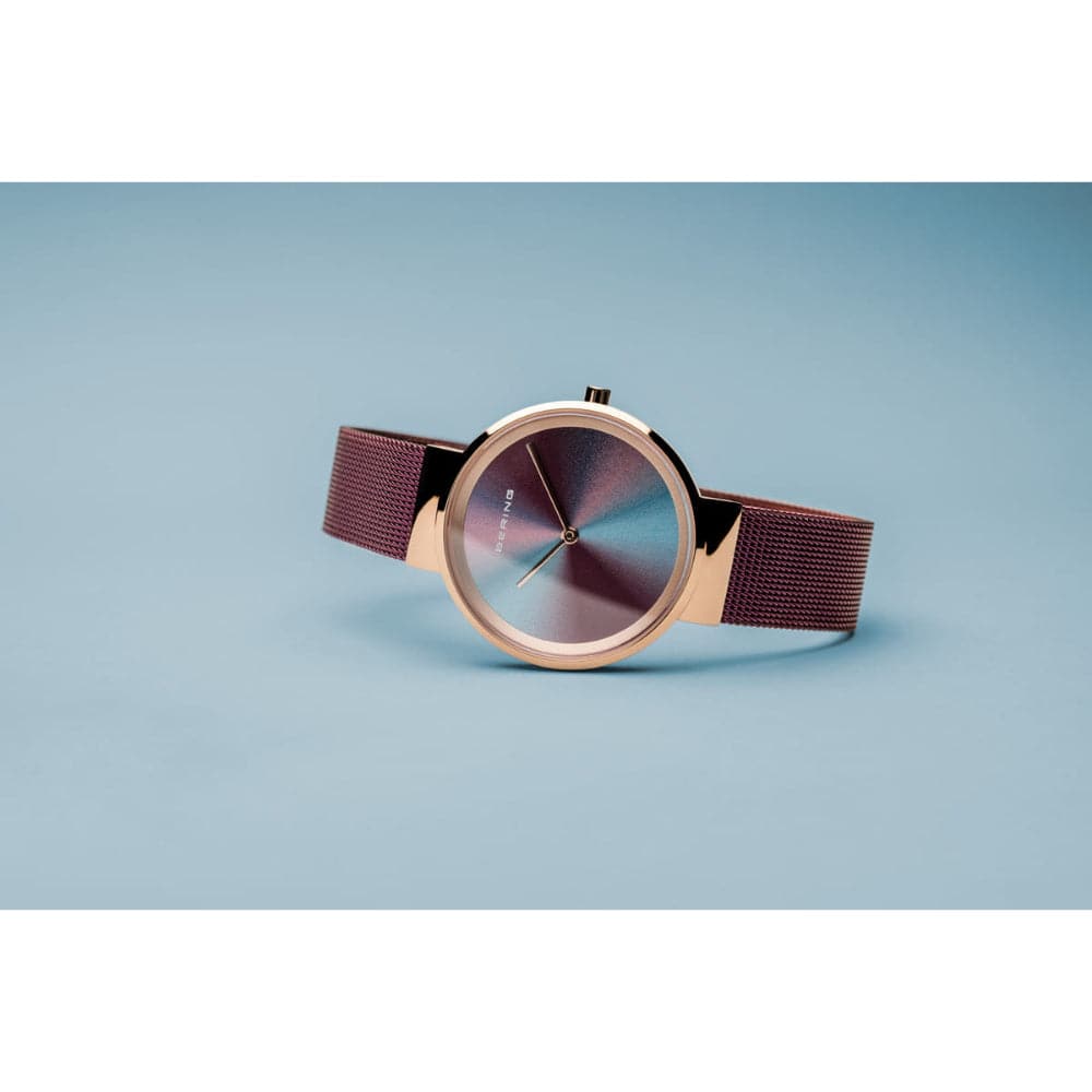 Bering Polished Burgundy Mesh Strap Women's Watch - 10X31 Anniversary Edition - Elegant Dress Watch for Women, Perfect for Business, Party & Special Occasions