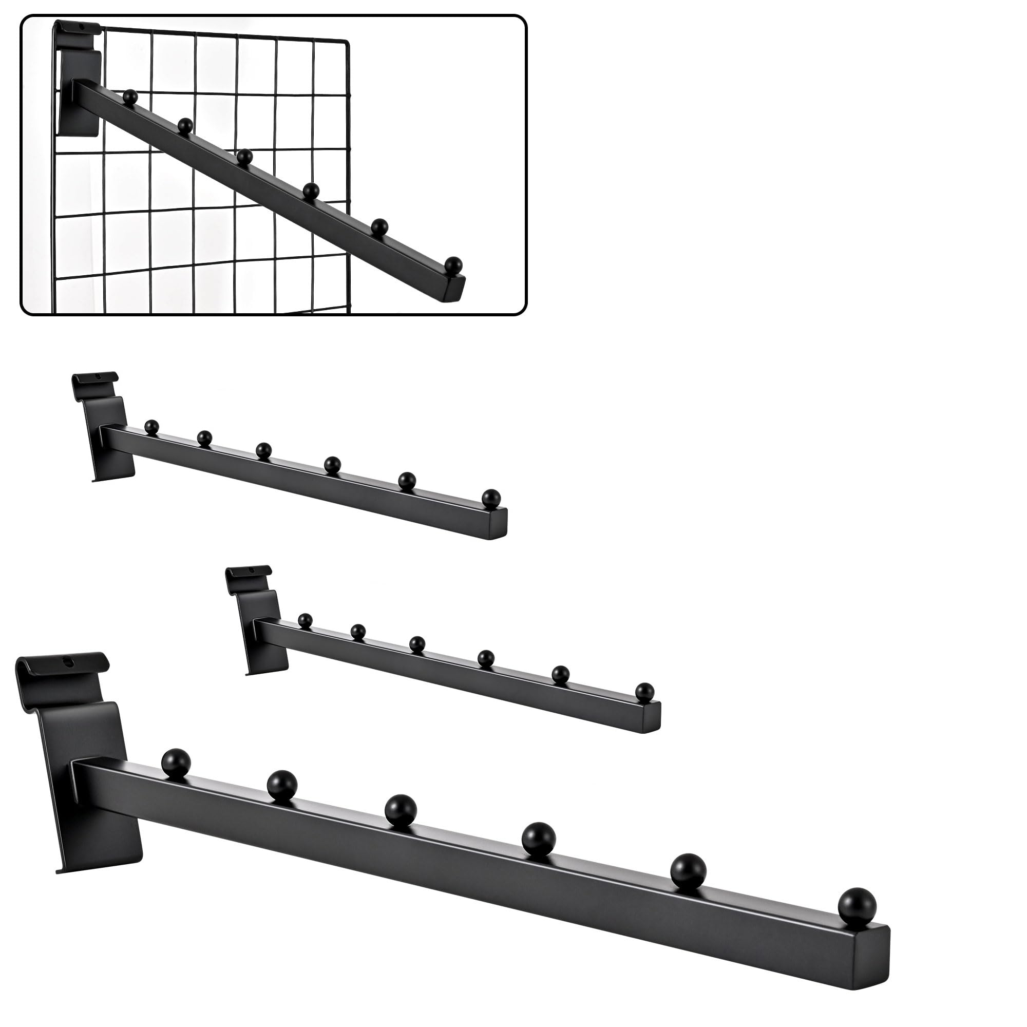 6 Ball Waterfall Grid Wall Hooks - Black Set of 4 - Heavy Duty Wire Grid Wall Hangers for Clothing, Shirts, Retail Displays & Vendor Events - Perfect for Store Fixtures, Boutique Racks & Trade Show Merchandising
