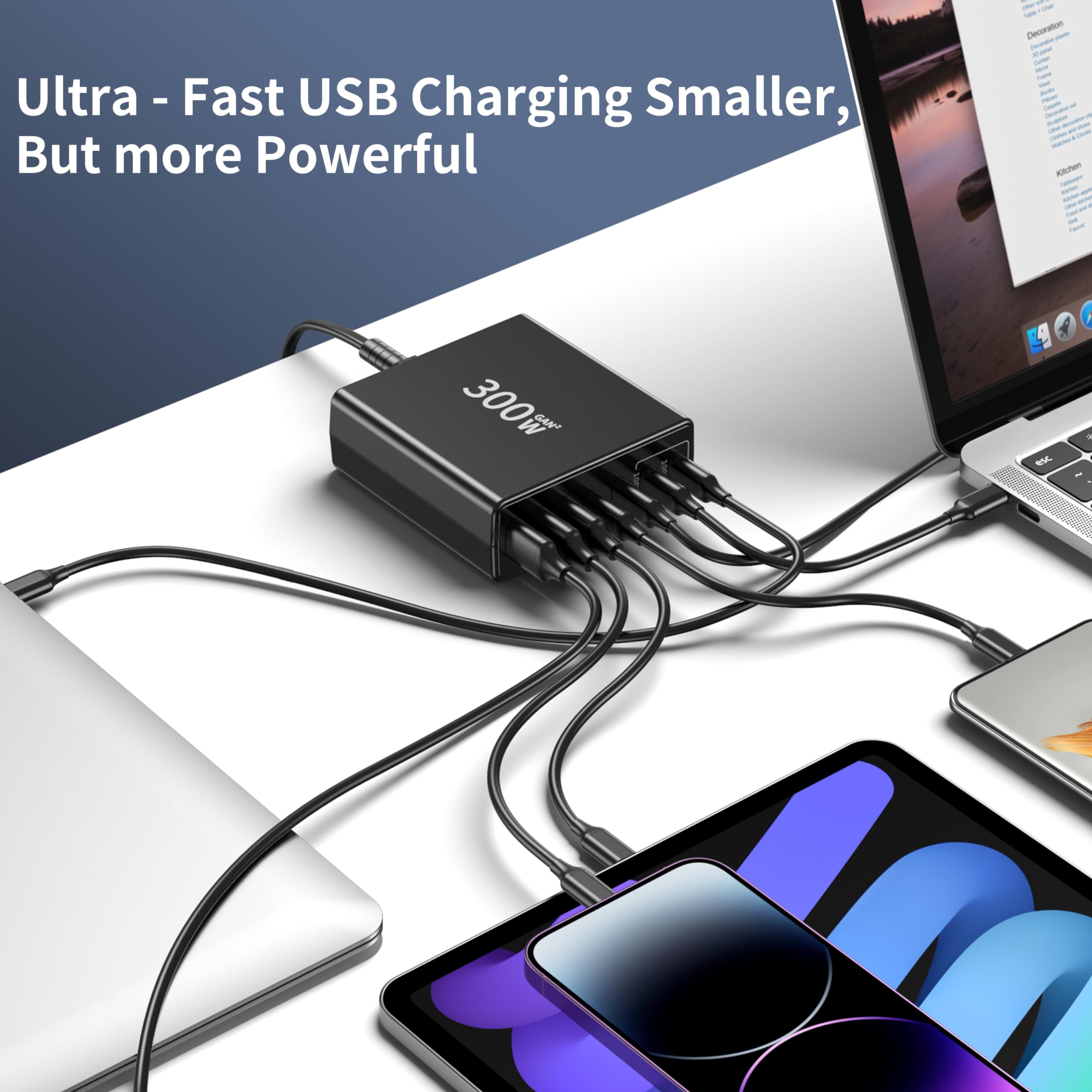 300W 7-Port USB C Fast Charging Station with Dual PD 100W & PPS - Compatible with iPhone 15/14/Pro Max, Galaxy Note23, MacBook Pro/Air, iPad, Dell, HP, Surface Laptops - Compact Power Adapter for Home, Office & Travel (Dark Black)