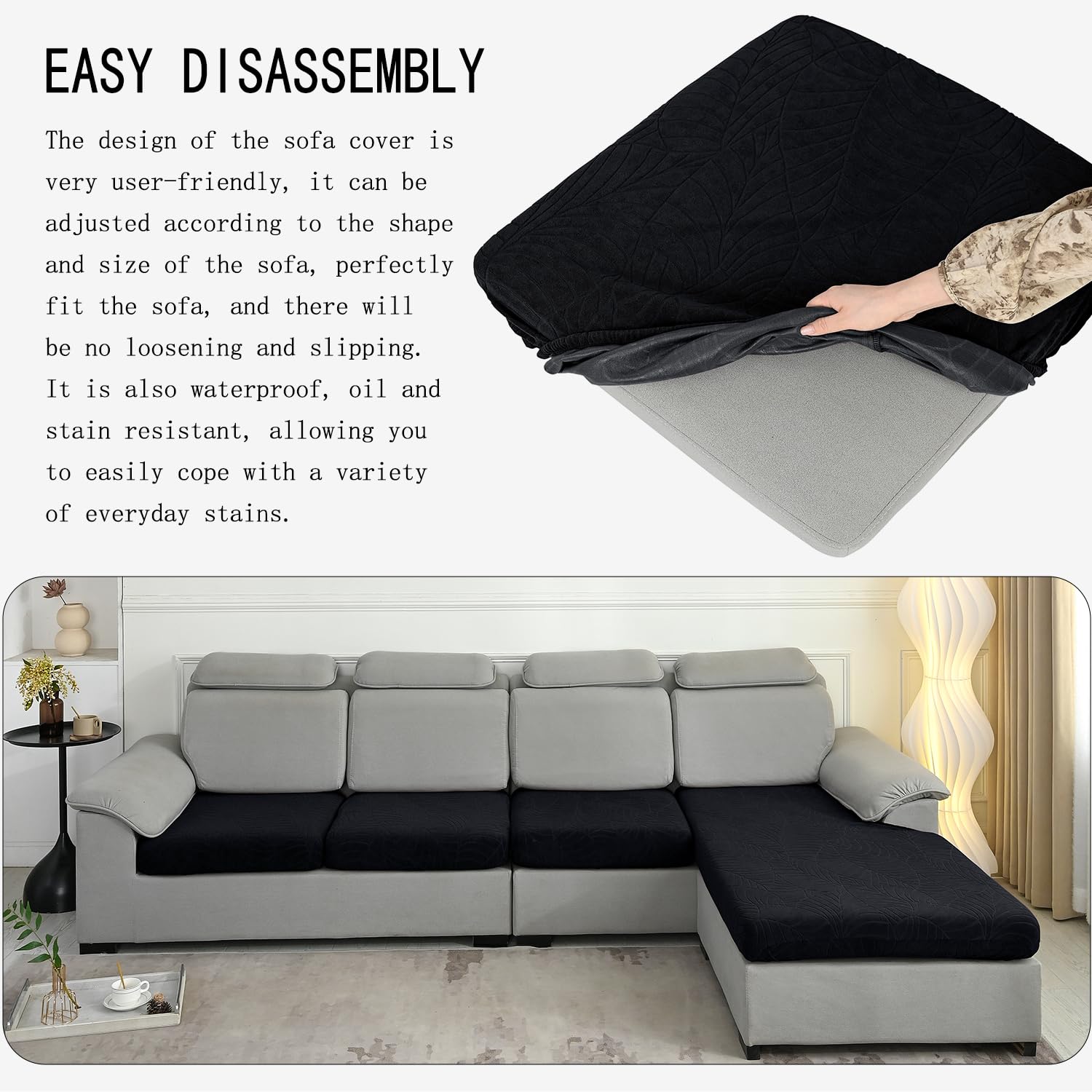 100% Waterproof Stretch Jacquard Sofa Cushion Covers - Washable Furniture Protector for Couch, Armchair, Loveseat & Chaise (Black, 3-Pack) | Spill-Proof & Pet-Friendly Home Decor for Living Room, Family Room & Dorm
