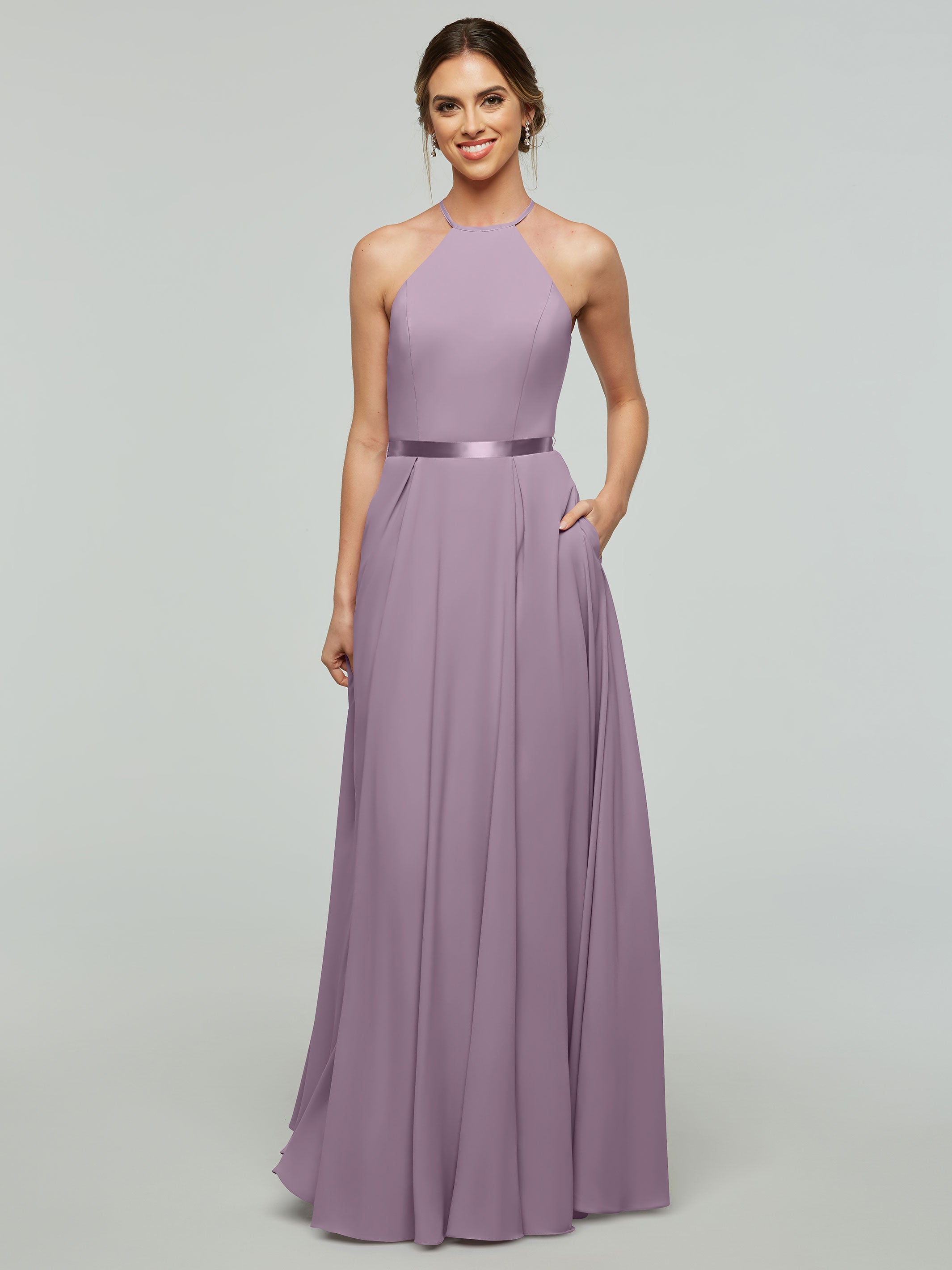 Elegant A-Line Stretch Chiffon Bridesmaid Dress with Halter Neckline & Waist Belt - Perfect for Weddings, Parties & Formal Events