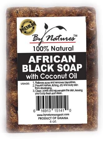 By Natures Premium African Black Soap with Coconut Oil - 100% Natural Skin Cleanser (Pack of 1) for Acne, Eczema & Dark Spots - Perfect for Daily Face & Body Wash