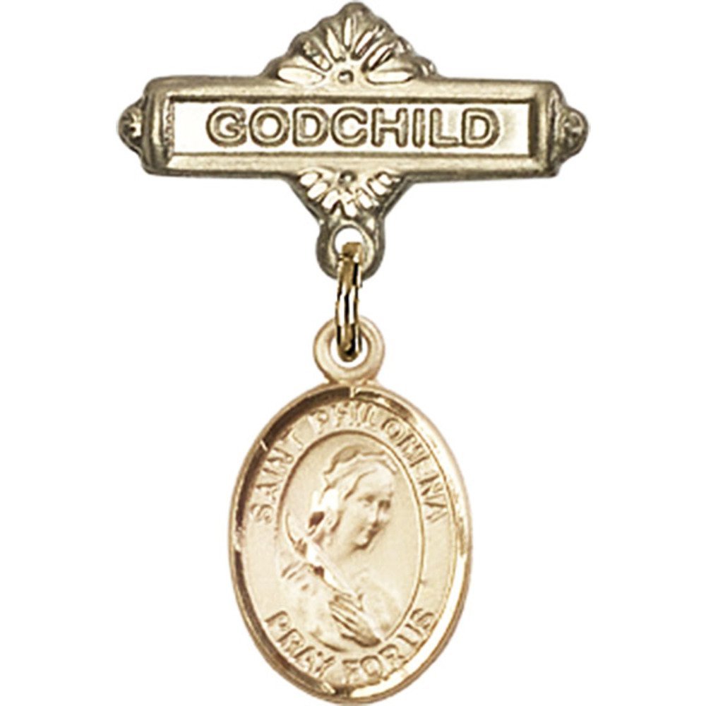 St. Philomena Gold Filled Baby Badge Pin - 1 x 5/8 Inch Religious Godchild Charm - Perfect for Baptism Gifts, Christening Jewelry & Baby Blessings