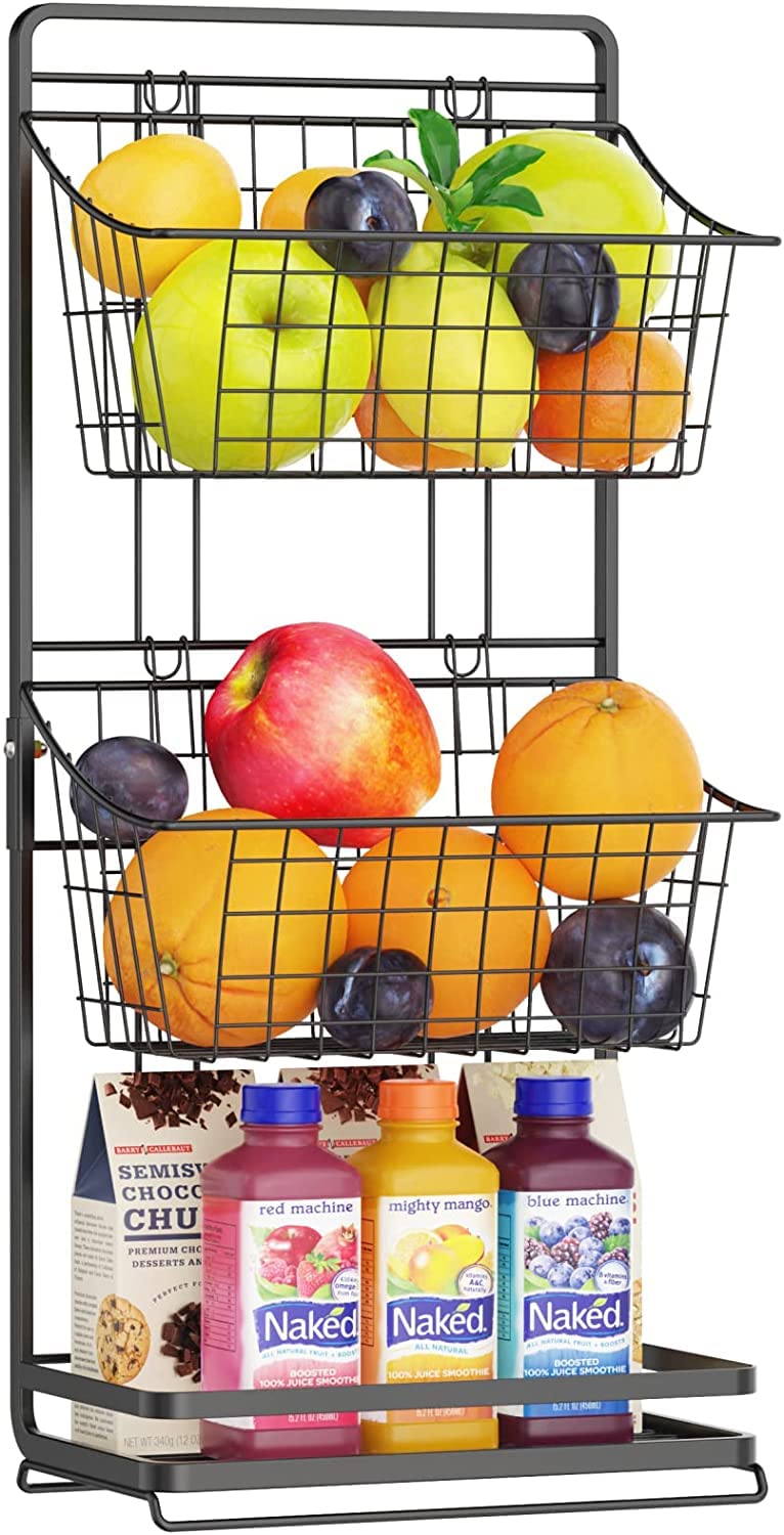 Yipetor 3-Tier Metal Hanging Storage Basket - Kitchen Organizer for Fruits, Vegetables & Produce - Bathroom Storage Rack - Space Saving Home Organization - Perfect for Pantry, Laundry Room & Small Spaces (Black)