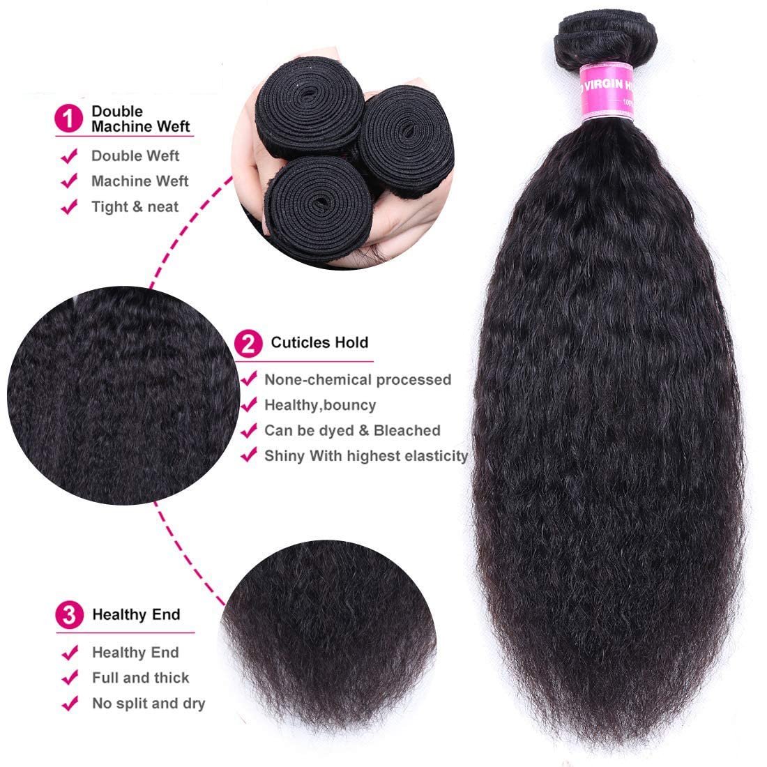 UNice Hair 10A Yaki Kinky Straight 100% Unprocessed Mongolian Virgin Human Hair Weave Extensions - 3 Bundles Natural Color (14 16 18 Inch) for Black Women | Perfect for Sew-in, Glue-in & Clip-in Hairstyles | Salon Quality Hair Extensions for Daily Wear & Special Occasions