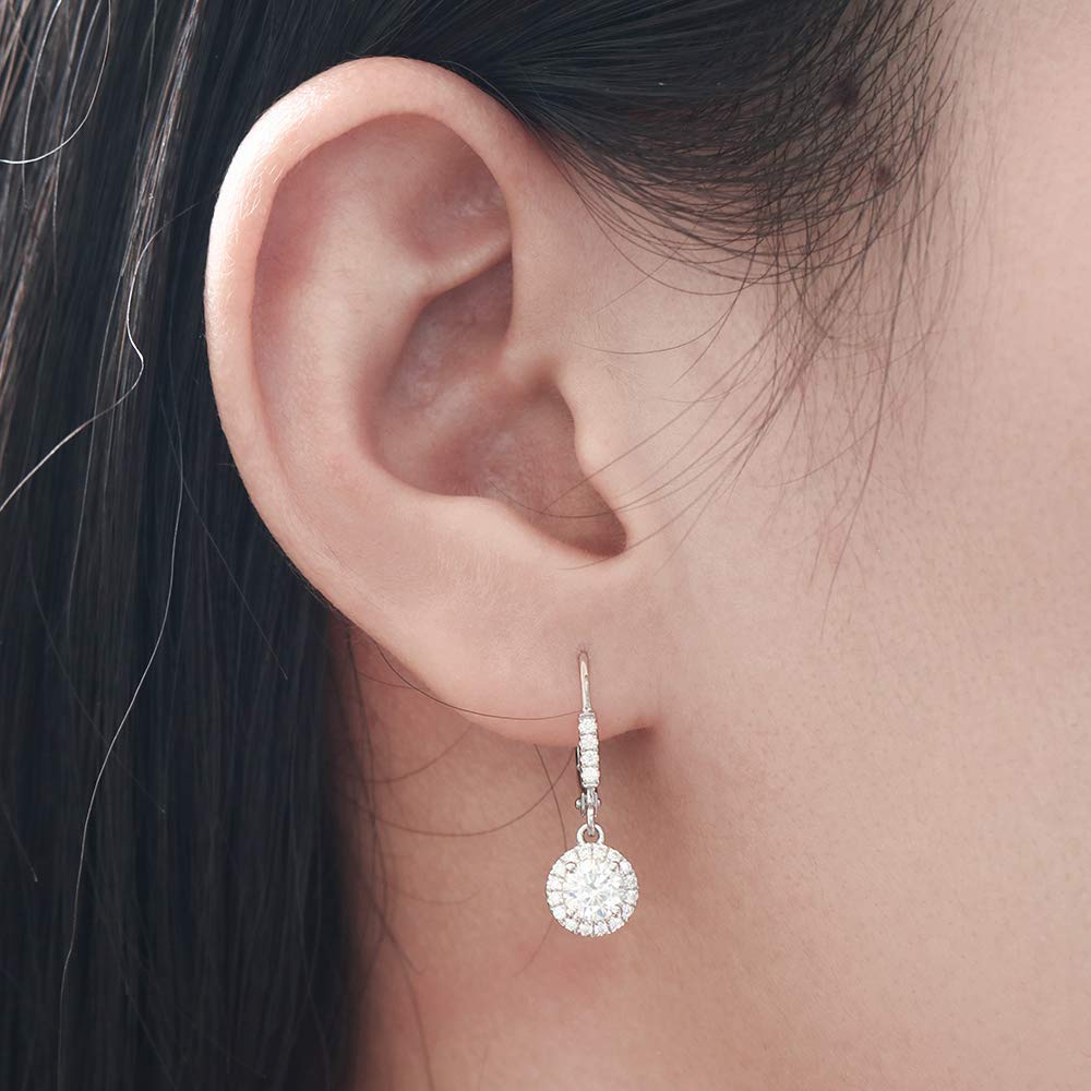 DovEggs 1ct 5mm G-H-I Color Moissanite Halo Leverback Drop Hoop Earrings for Women - 14K Gold Plated Sterling Silver Wedding & Party Jewelry Gift