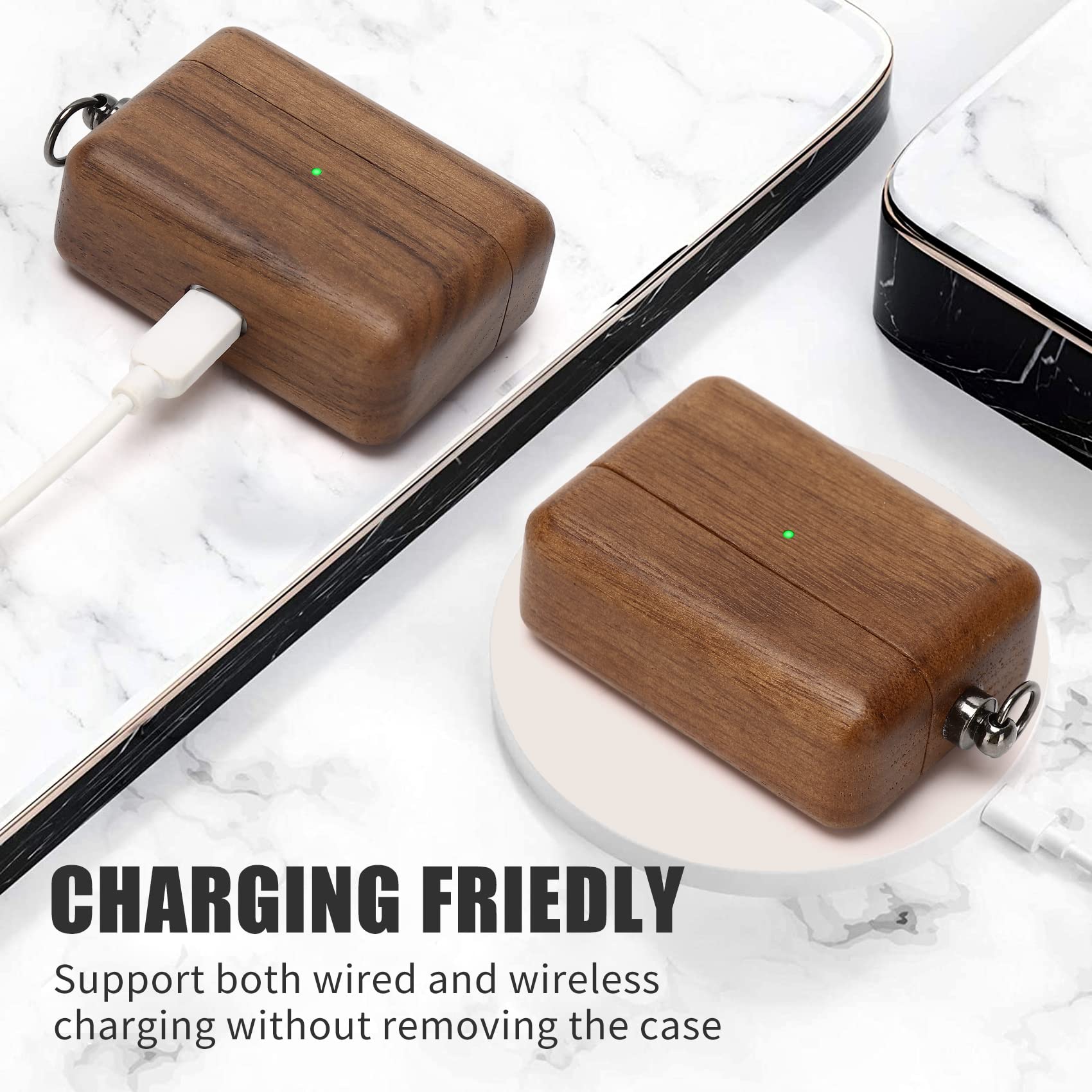 Wood AirPods Case for AirPods Pro - Walnut Protective Cover with Carabiner for Outdoor Use