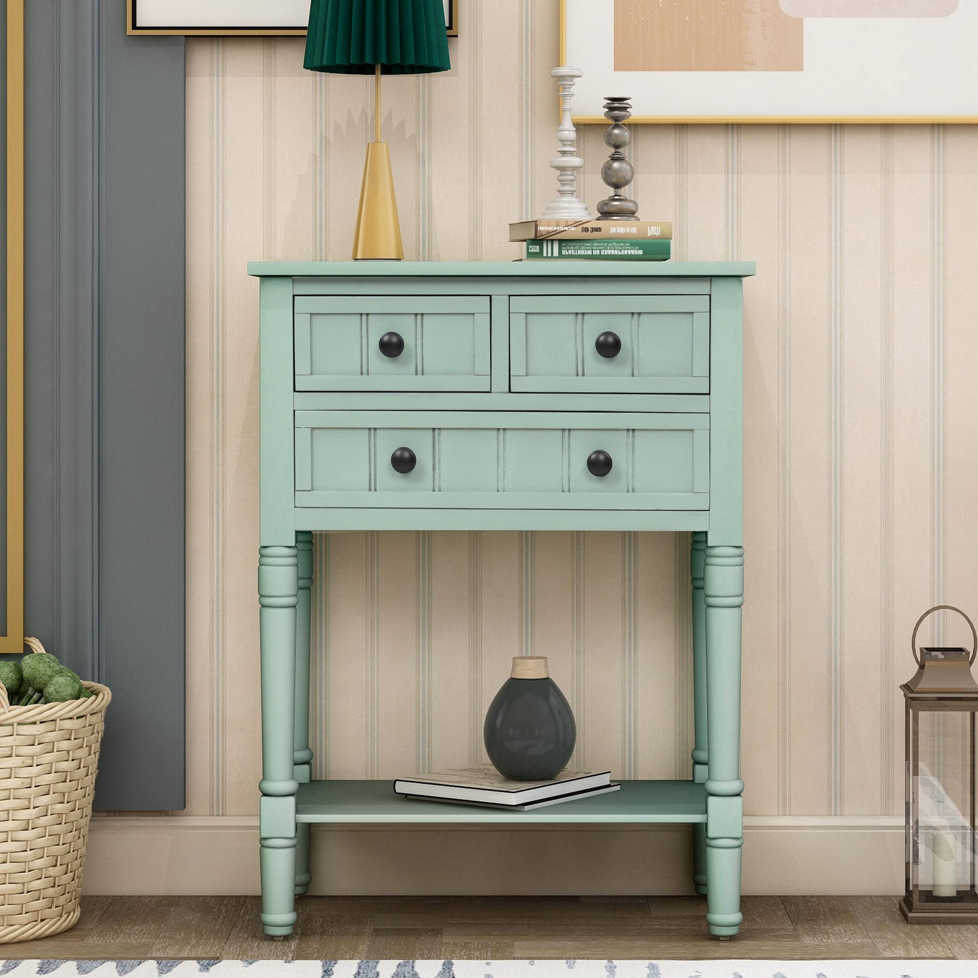 Narrow Console Table with 3 Drawers & Bottom Shelf - Slim Sofa Table for Entryway, Hallway & Living Room - Easy Assembly Antique Blue Side Table - Perfect for Small Spaces & Home Decor