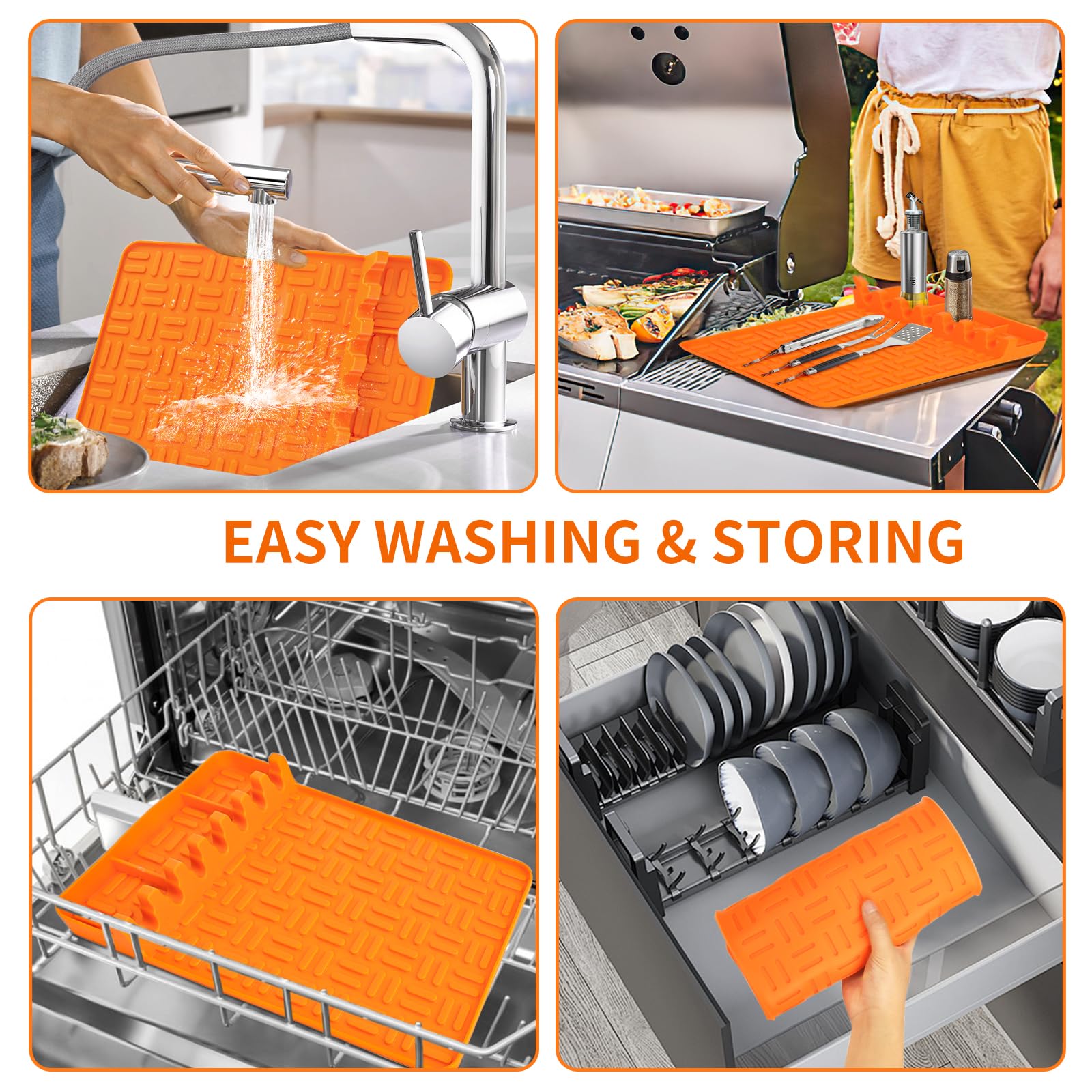 2 Pack Non-Slip Silicone Griddle Tool Mat for Blackstone BBQ Grill - Heat Resistant Cooking Mat with Drip Pad - Perfect for Outdoor Grilling, Countertop Protection & Kitchen Organization (Orange)