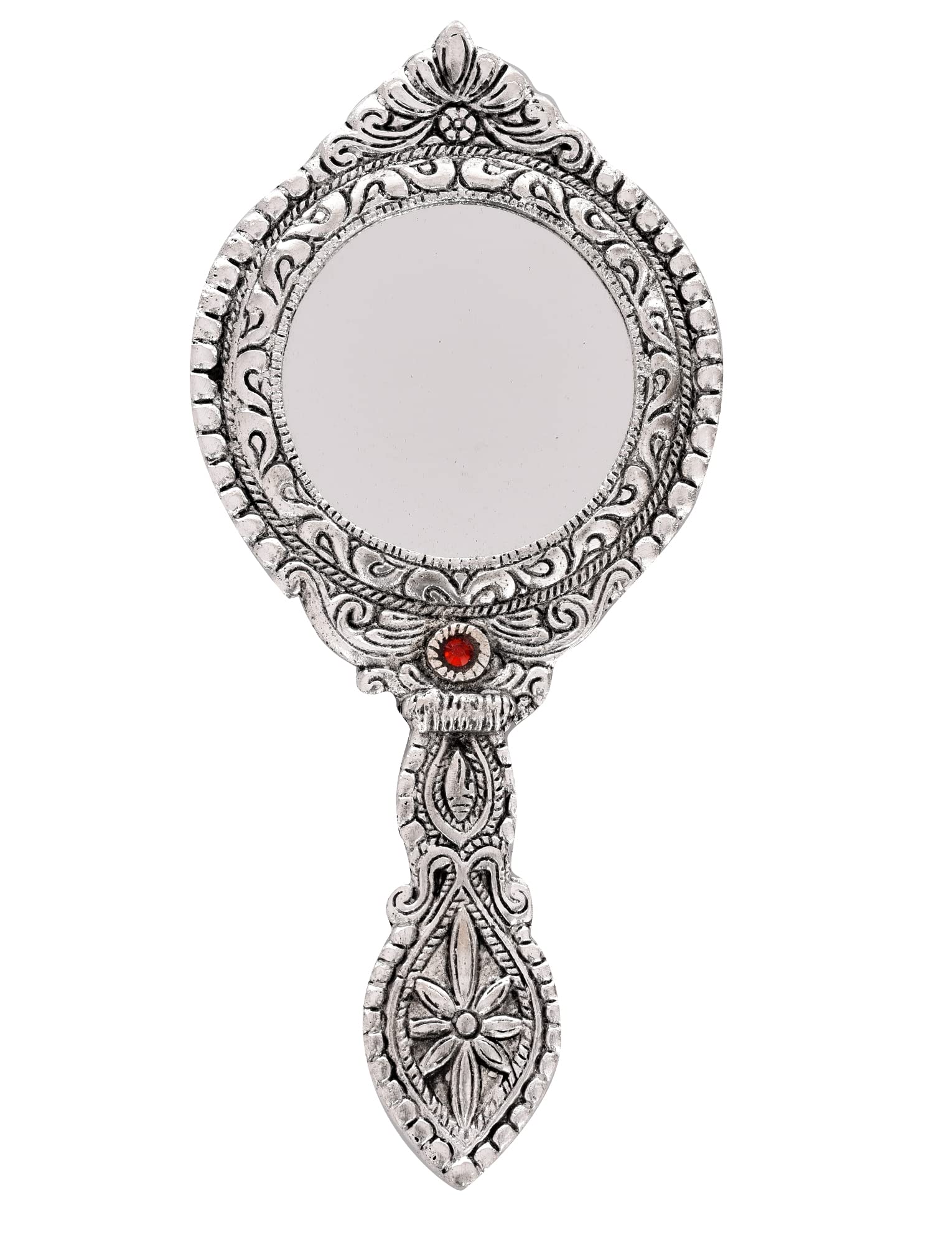 Vintage Handheld Mirror with Handle - Double Sided Silver Plated Round Compact Mirror for Makeup, Travel & Vanity | Portable Aluminium Rajasthani Style Hand Mirror | Perfect for Home, Travel & Gift Giving