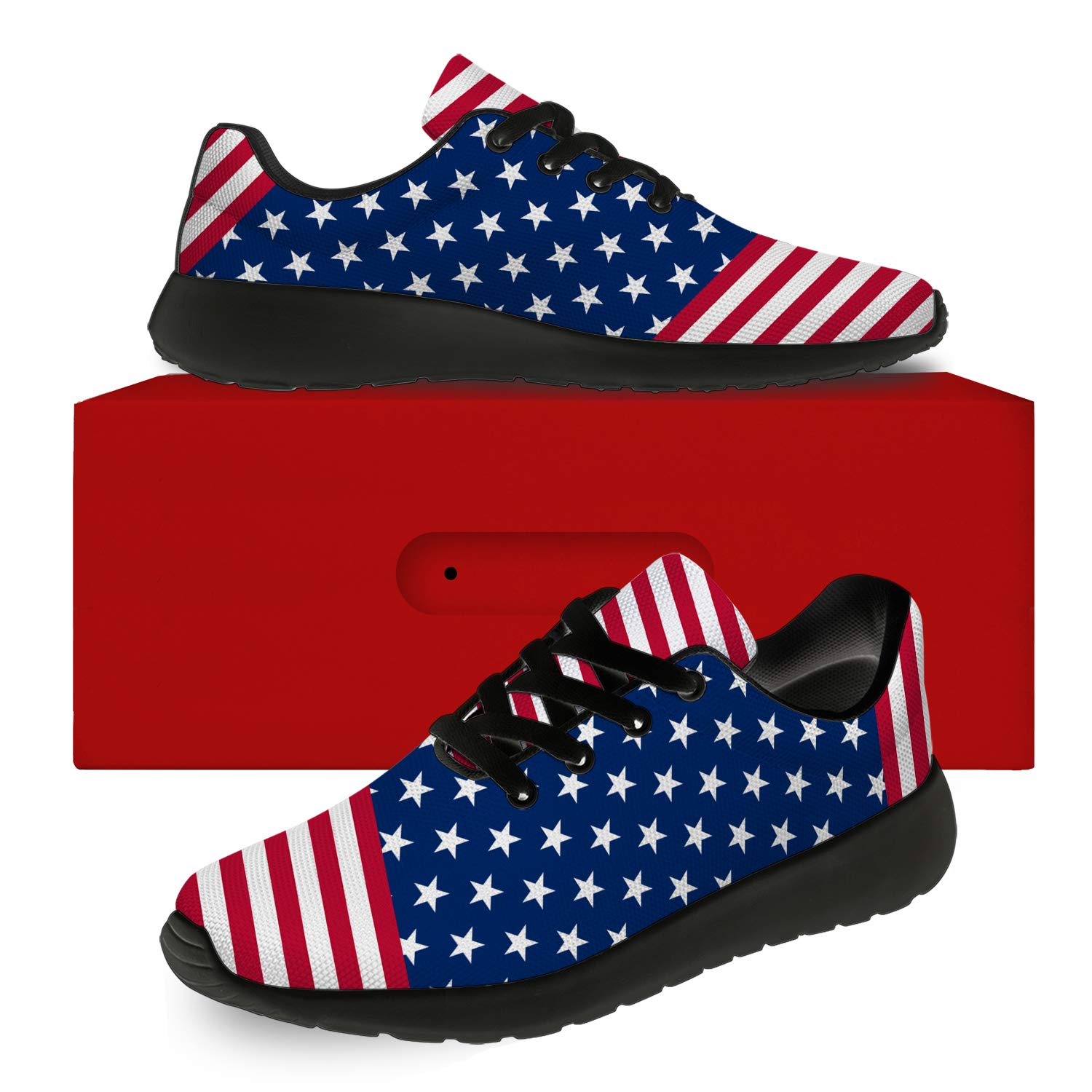 USA Flag Patriotic Running Shoes for Men & Women - Comfortable Walking Tennis Sneakers with American Flag Design - Perfect Gifts for Him & Her - Size 12 Men/15 Women Black Red Blue - Ideal for Jogging, Gym Workouts & Casual Wear