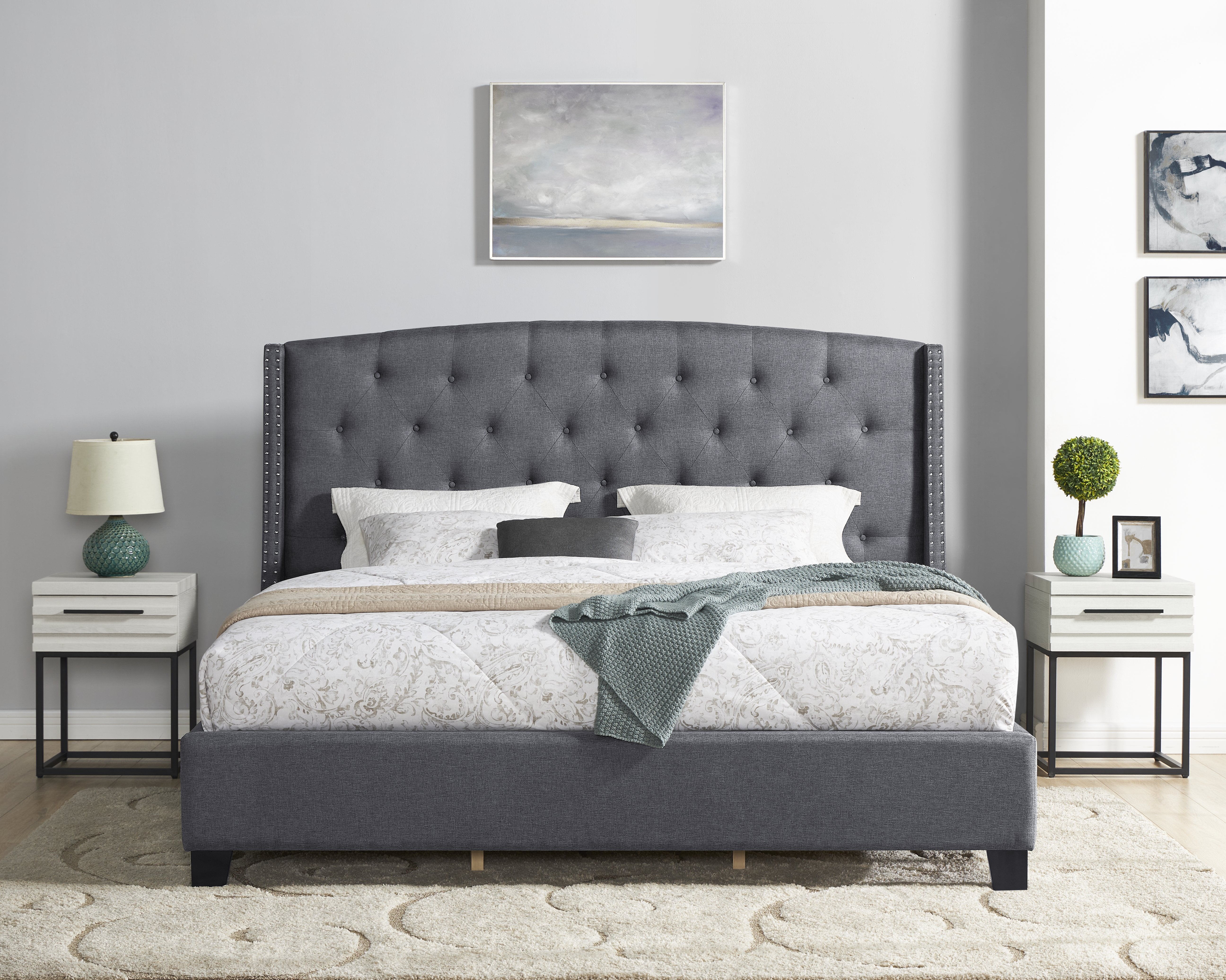 Roundhill Furniture Belize 3-Piece Upholstered Bedroom Set - Tufted Wingback Bed with 2 Nightstands for Master Bedroom & Guest Room Decor