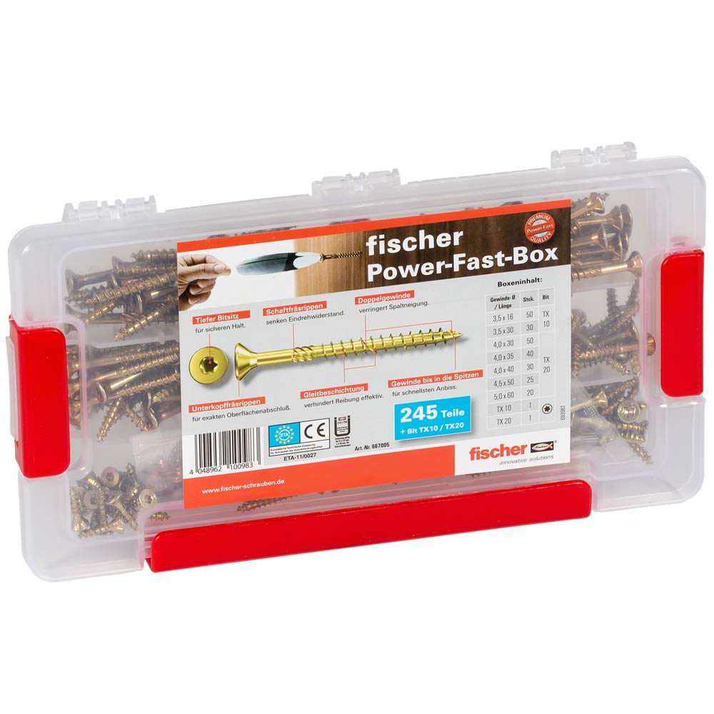 Fischer Power Fast 667 005 Box - High Performance Construction Screws for Wood & Metal - Perfect for DIY Projects, Home Renovations & Professional Building Work