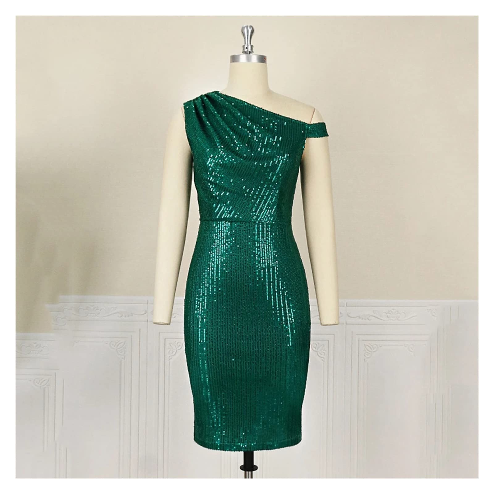 Women's Large Size Sequin One Shoulder Sleeveless Mini Dress - Green XXX-Large Ball Gown for Prom, Party & Evening Events