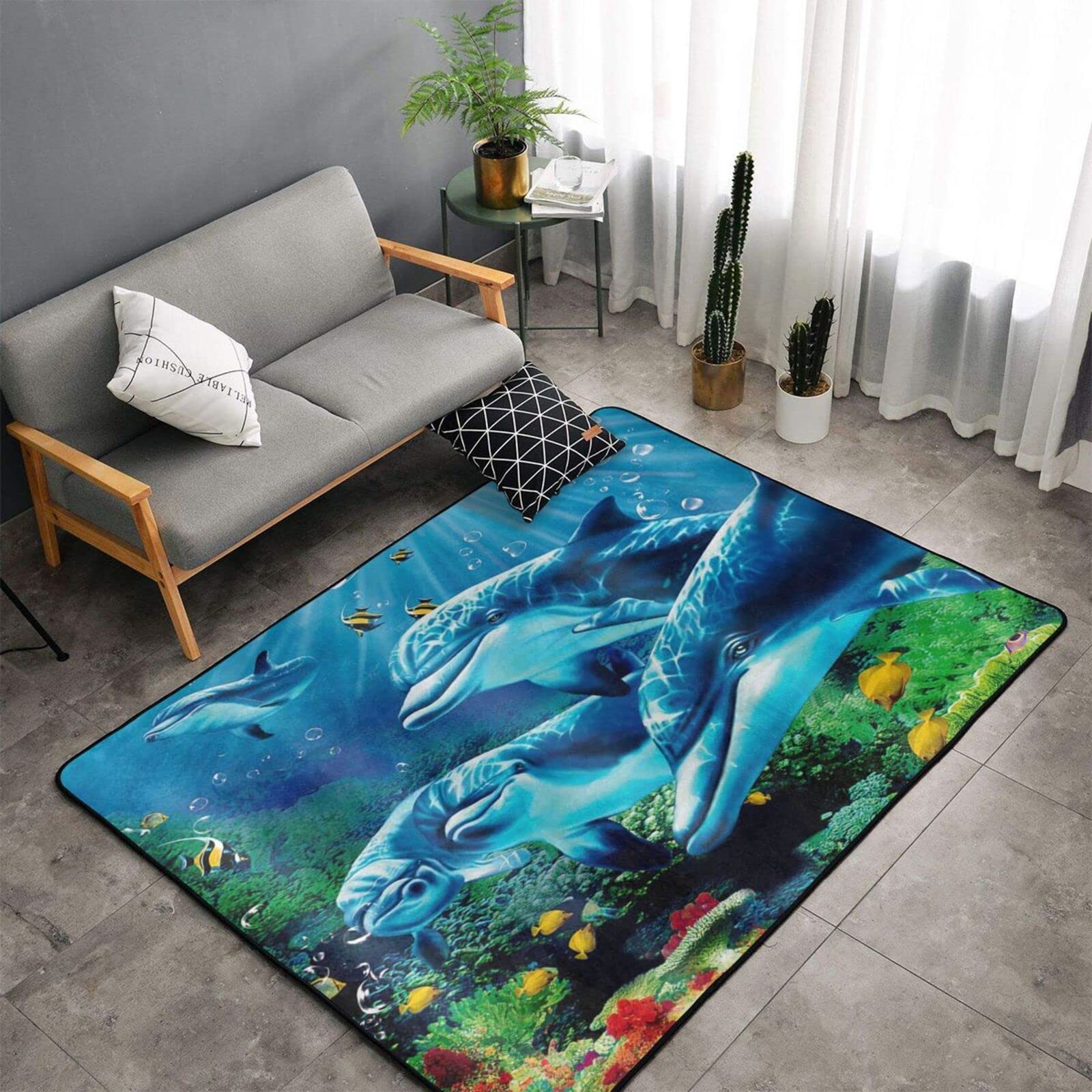 Washable Non-Skid Area Rugs - Cute Dolphin Deep Ocean Animal Print Soft Large Floor Carpet for Kids Room, Living Room & Bedroom | 6.6x4 Ft Home Decor | Perfect for Nursery, Playroom & Coastal Themed Spaces