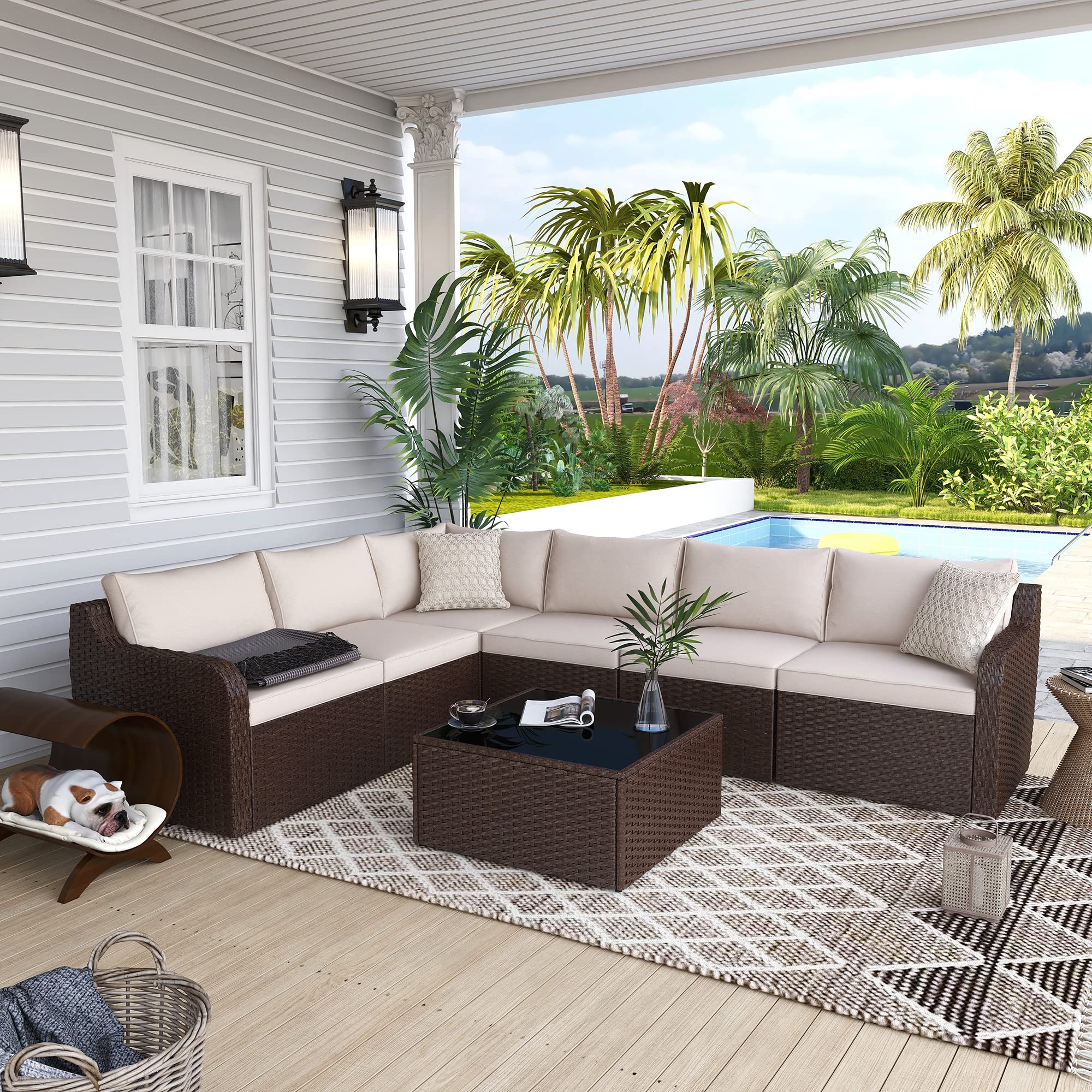 Vicluke 7-Piece PE Rattan Patio Furniture Set - Outdoor Wicker Sectional Sofa with Cushions & Glass Table - High Back Garden Conversation Set for Backyard, Deck, Poolside (Khaki)