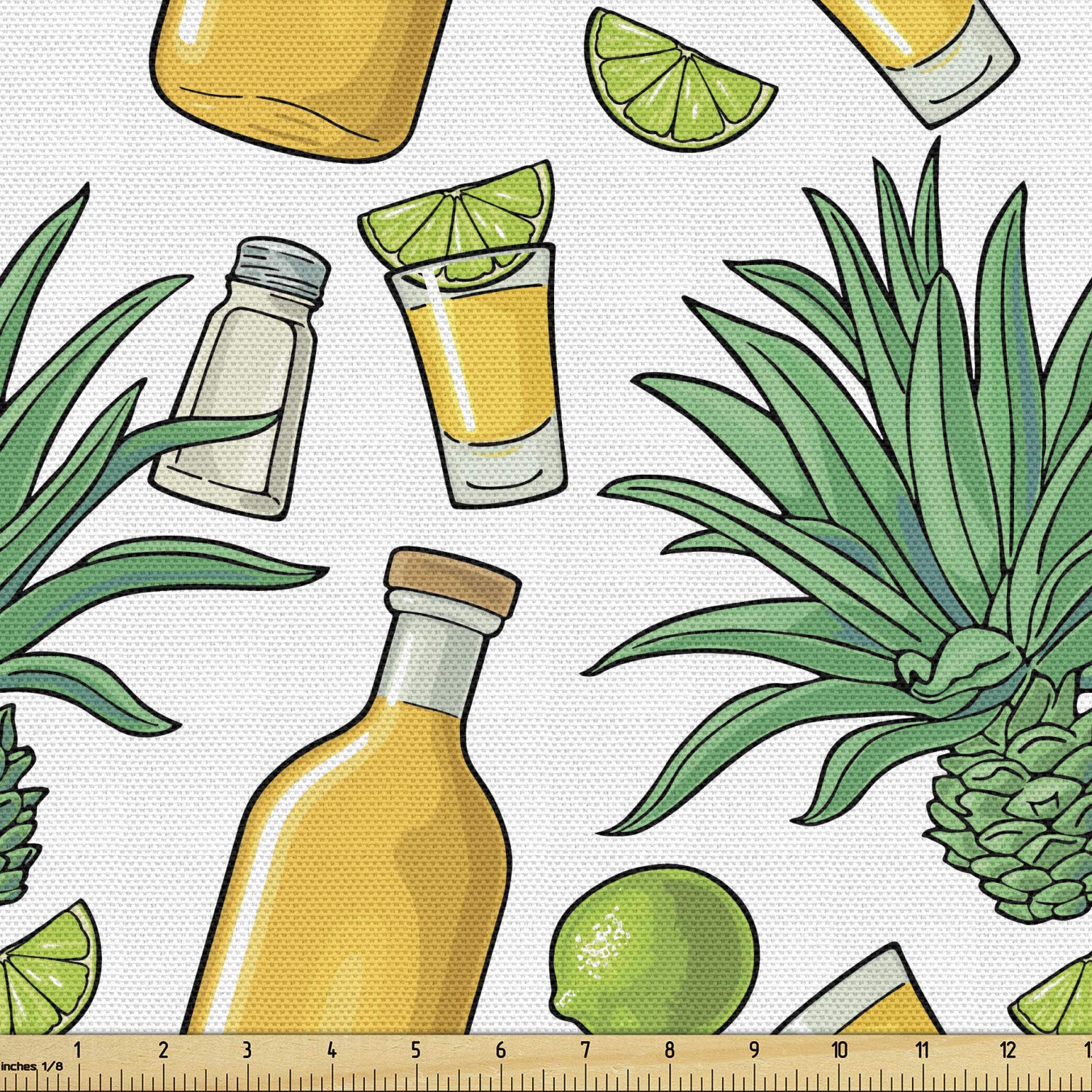 Ambesonne Agave Fabric by The Yard - Rhythmic Cacti & Lime Slice Tequila Bottle Print Decorative Upholstery Fabric, 10 Yards, White Mustard - Perfect for DIY Home Decor, Pillow Covers, Curtains & Table Runners
