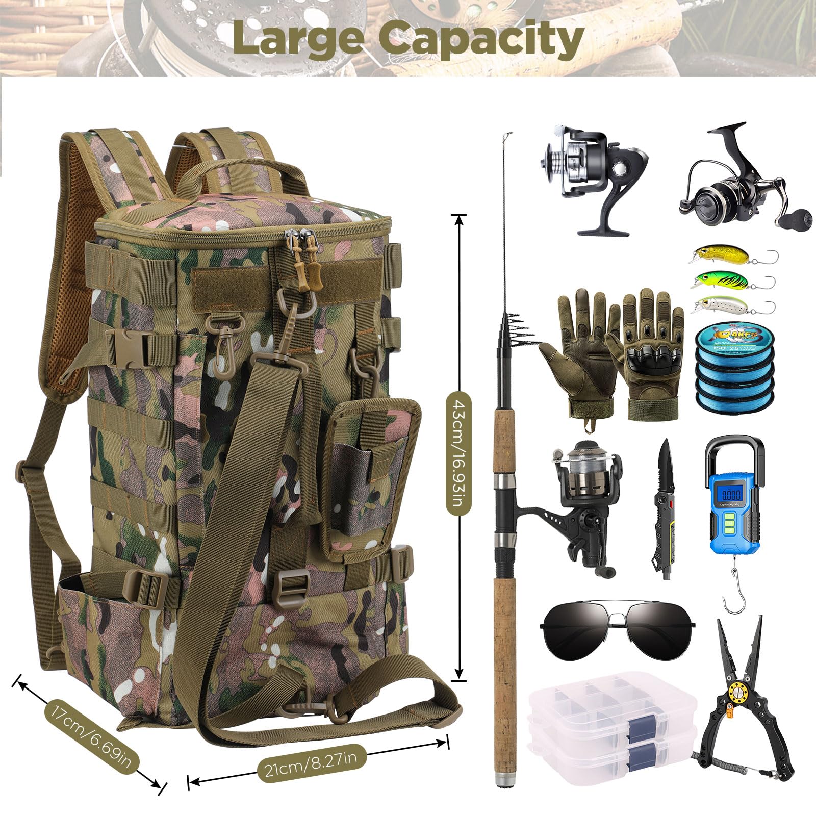**Military Tactical Fishing Backpack - Waterproof Camouflage Gear Bag for Fishing, Hiking, Camping & Hunting | Durable Multifunctional Tackle Storage with MOLLE System | Perfect for Outdoor Adventures & Survival Trips**