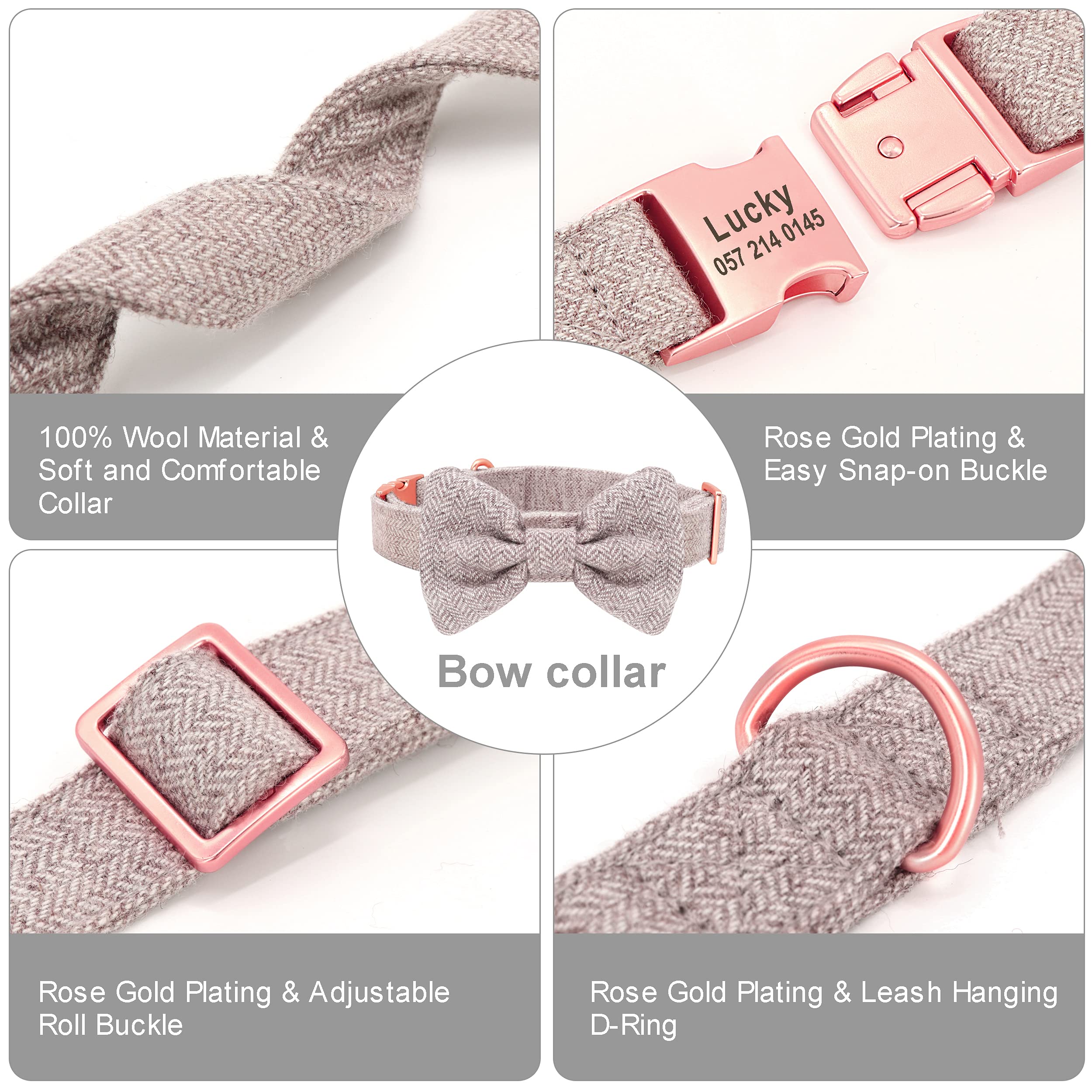 Personalized Girl Dog Collars with Detachable Bowtie - Soft & Comfy Pet Collar & Leash Set with Rose Gold Buckle - Adjustable Bow Tie for Small Medium Large Dogs (Brown) - Perfect for Daily Walks, Pet Parties & Photo Shoots