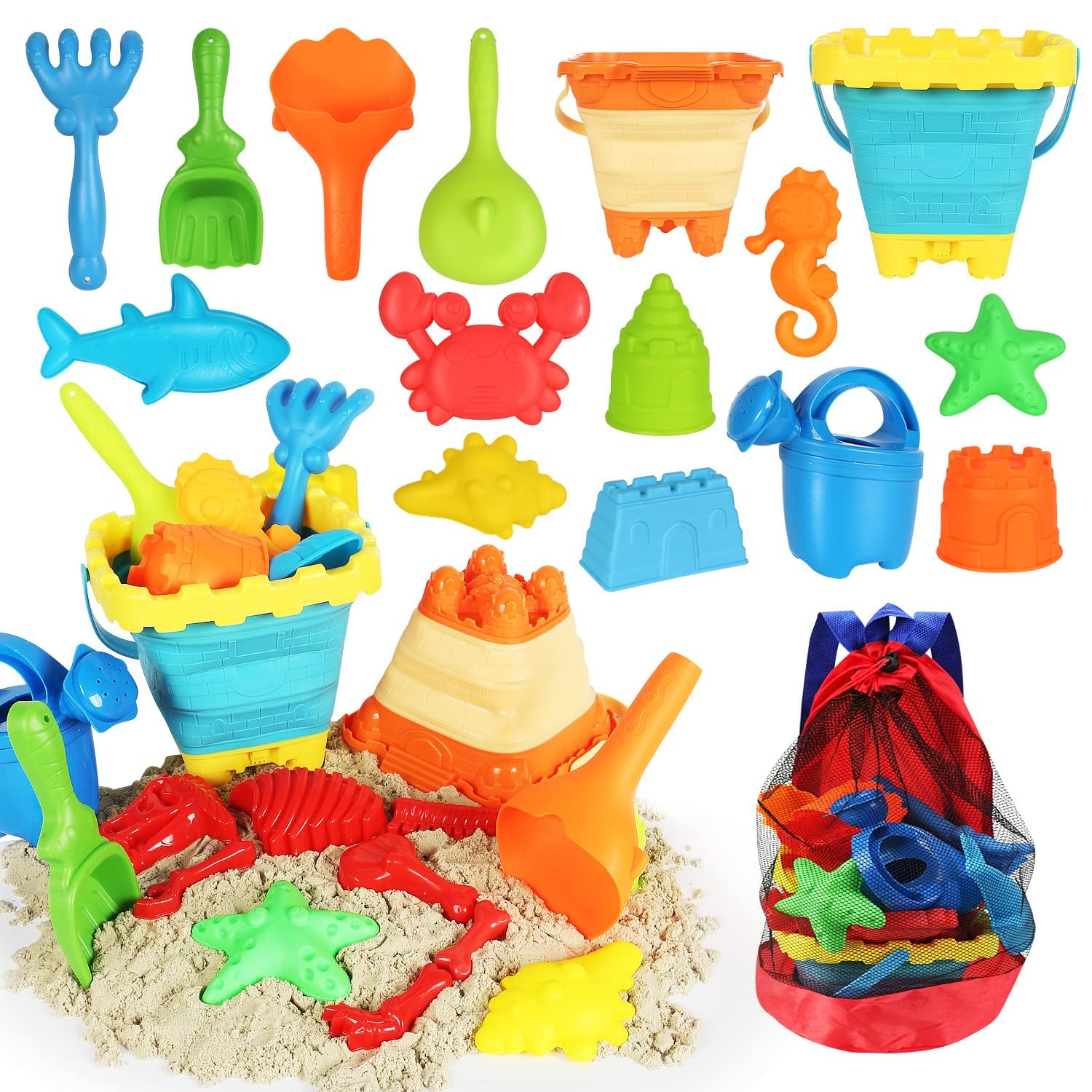 24PCS Beach Sand Toys Set with Mesh Backpack - 2 Foldable Buckets, Sand Molds, Shovels, Rakes & Watering Can | Summer Outdoor Toys for Kids & Toddlers | Perfect for Beach, Sandbox, Backyard & Pool Play