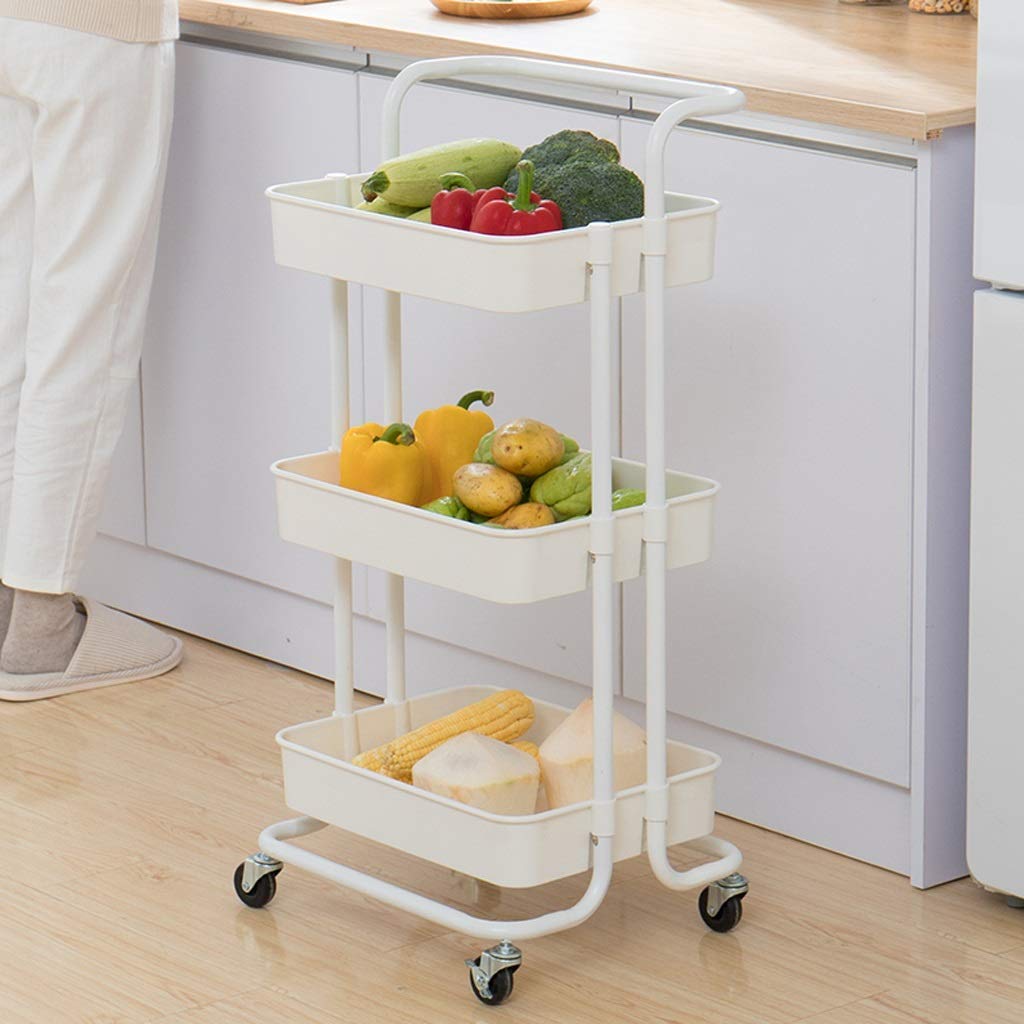 Multifunctional 3-Tier Rolling Utility Cart - Portable Metal Hand Truck with Storage Basket & Handles - White Kitchen, Bathroom, Office Organizer for Home & Commercial Use