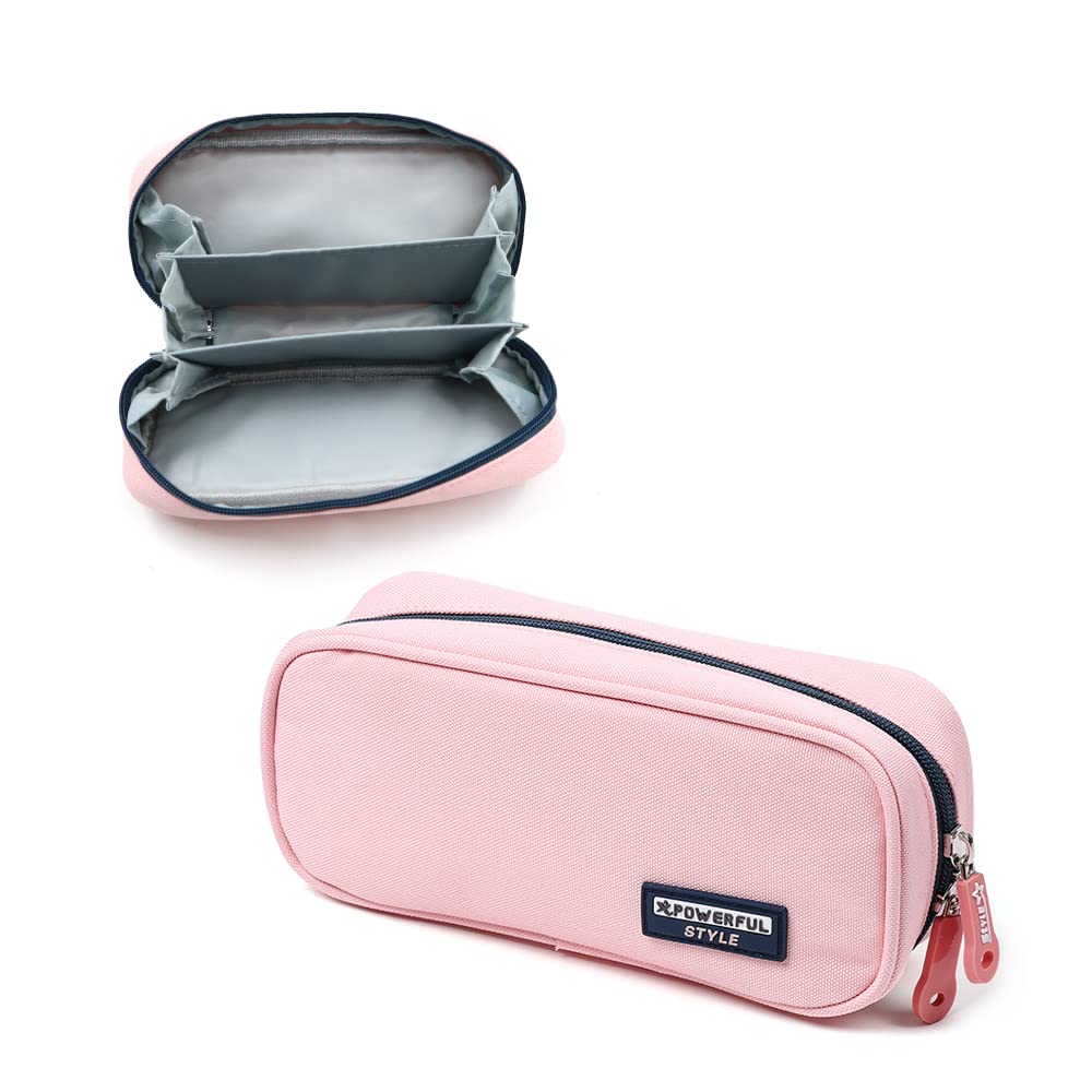 LELE LIFE Large Capacity Pencil Case with 3 Compartments - Durable Canvas Pen Organizer with Double Zipper for School, Office & College Students - Perfect for Organizing Pens, Pencils & Art Supplies (Pink)