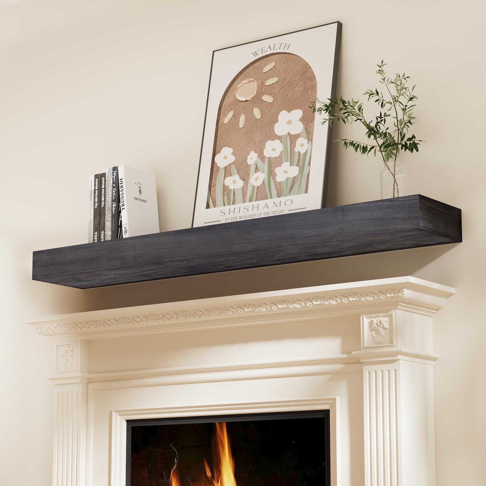 60 Inch Solid Wood Fireplace Mantel Shelf - Wall Mounted Floating Shelf with Hollow Design, Grey Painted - Perfect for Living Room Decor, Bedroom Storage & Displaying Photos/Artwork