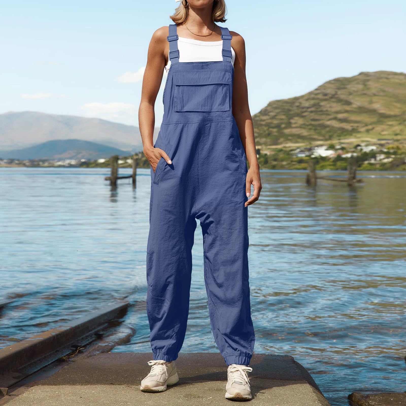 Women's Linen Overalls - Loose Fit Adjustable Straps One Piece Harem Jumpsuit with Pockets | Casual Summer Romper for Outdoors, Beach & Everyday Wear