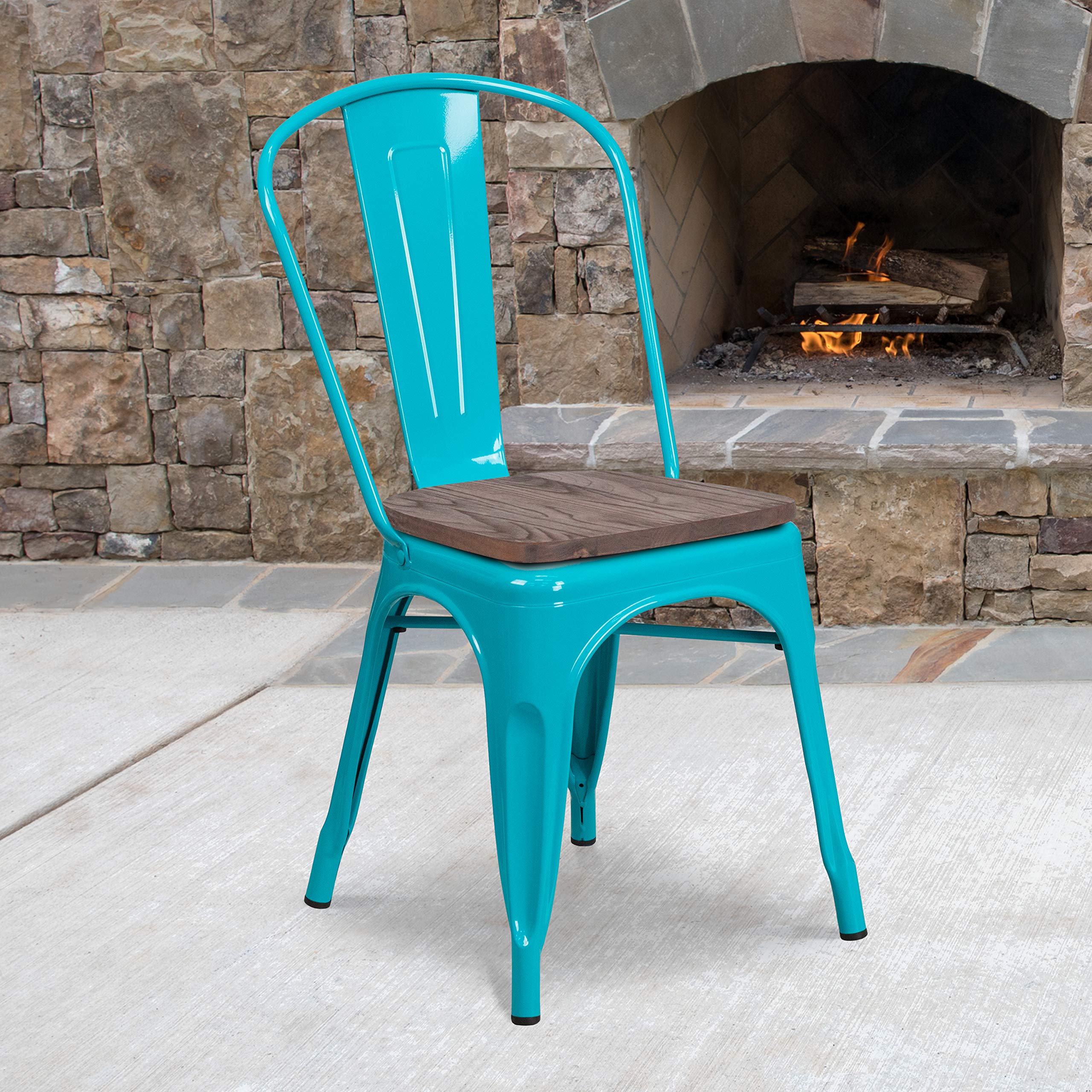 Stylish Crystal Teal-Blue Metal Stackable Dining Chair with Comfortable Wooden Seat - Perfect for Kitchen, Dining Room, Outdoor Patio & Small Space Decor